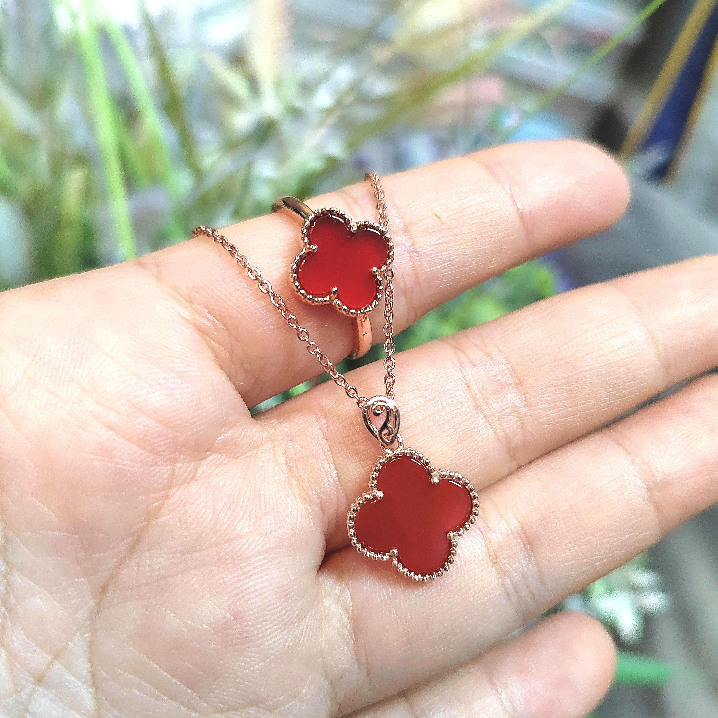2pcs Set Lucky Flower Natural Red Nanhong Agate Rose Gold Plated on S925 Sterling Silver Ring and Pendant/Chain SL164 南红玛瑙