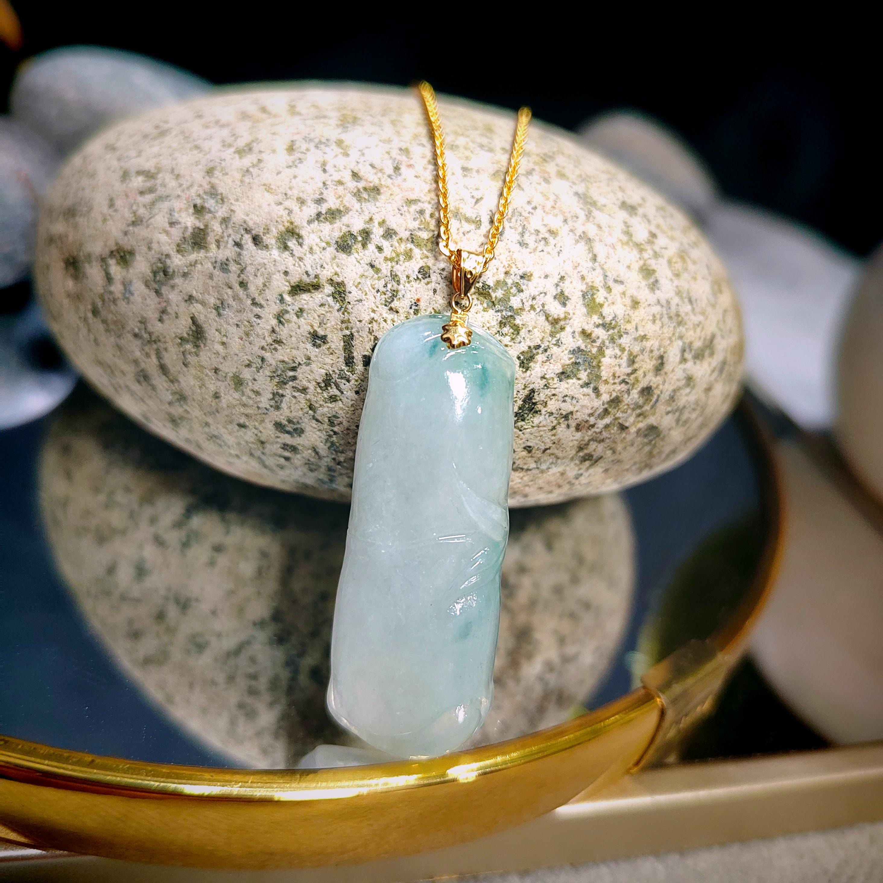 Certified Burmese Natural Gemstone A-Grade Hand Carved Bamboo Jadeite 竹竿 - 步步高升 18k Solid Gold Jewelry for Women Mom SL8018 - SL Precious