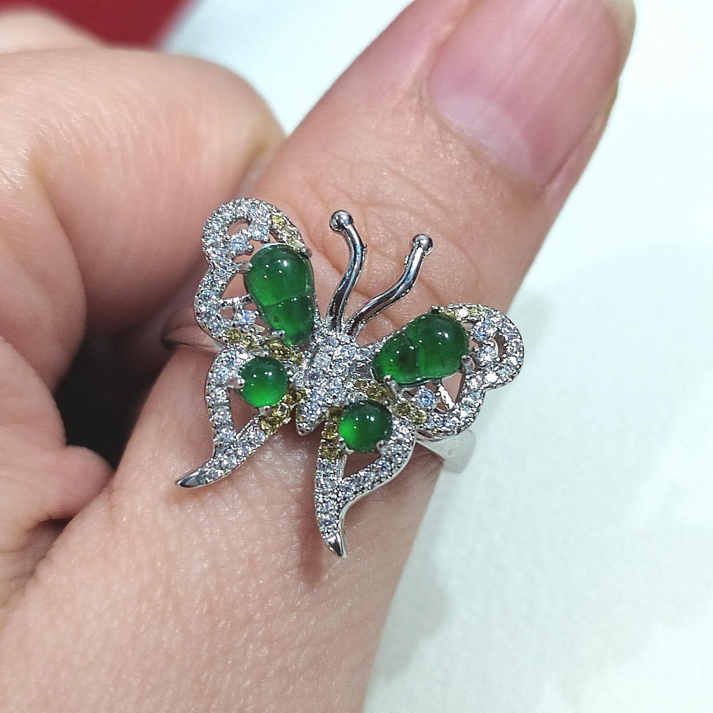 Certified Natural Untreated Burmese Imperial Green Elegant Butterfly Zircon S925 2 Tones Silver Gold Jadeite Ring(1pc) SL367x35