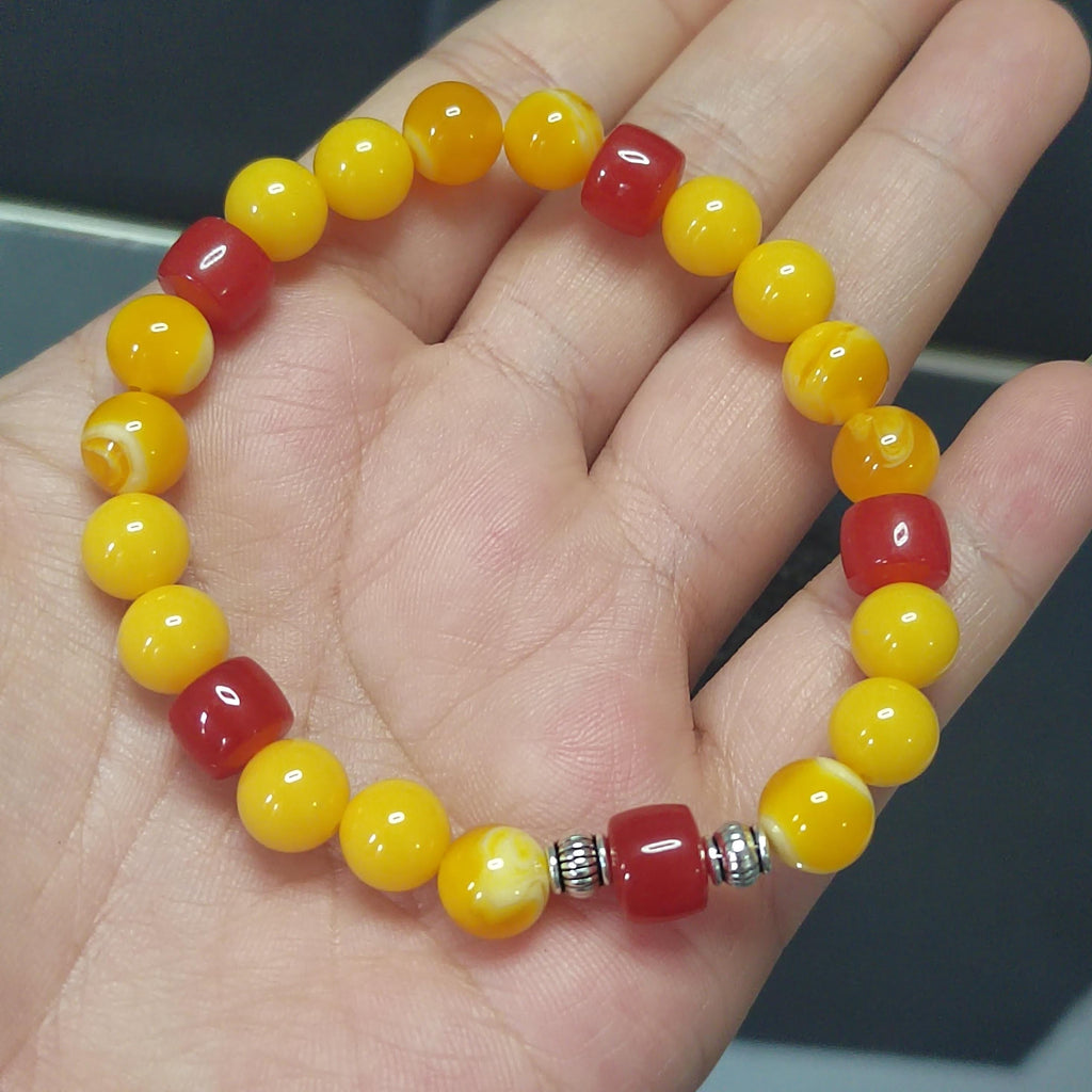 Natural Handmade Russian Baltic Beeswax Amber & China Southern Nanhong Agate S999 Pure Silver Bead Bracelet - Gifts for Her SL328