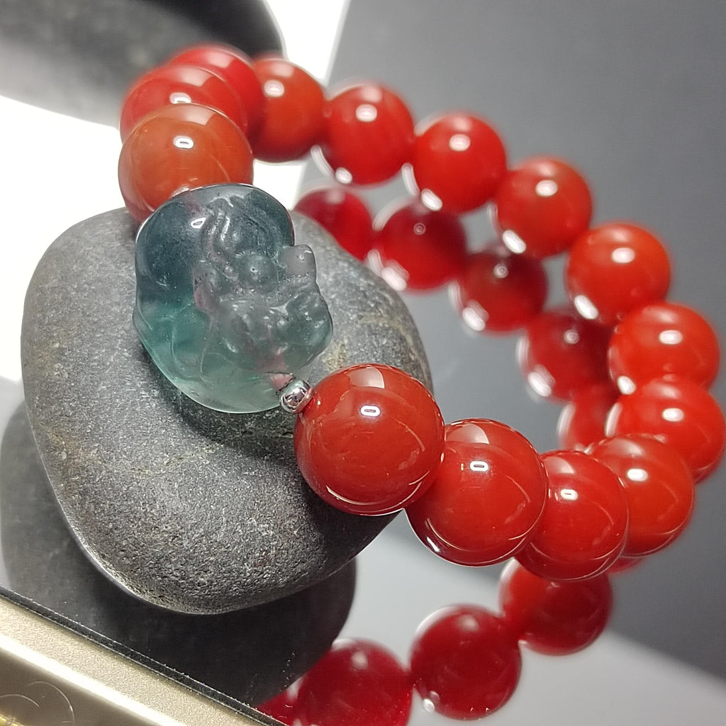 Certified A-Grade Natural China Baoshan Southern Red Oily Nanhong & Fluorite Brave Troops Bead Bracelet Handmade Design SL282