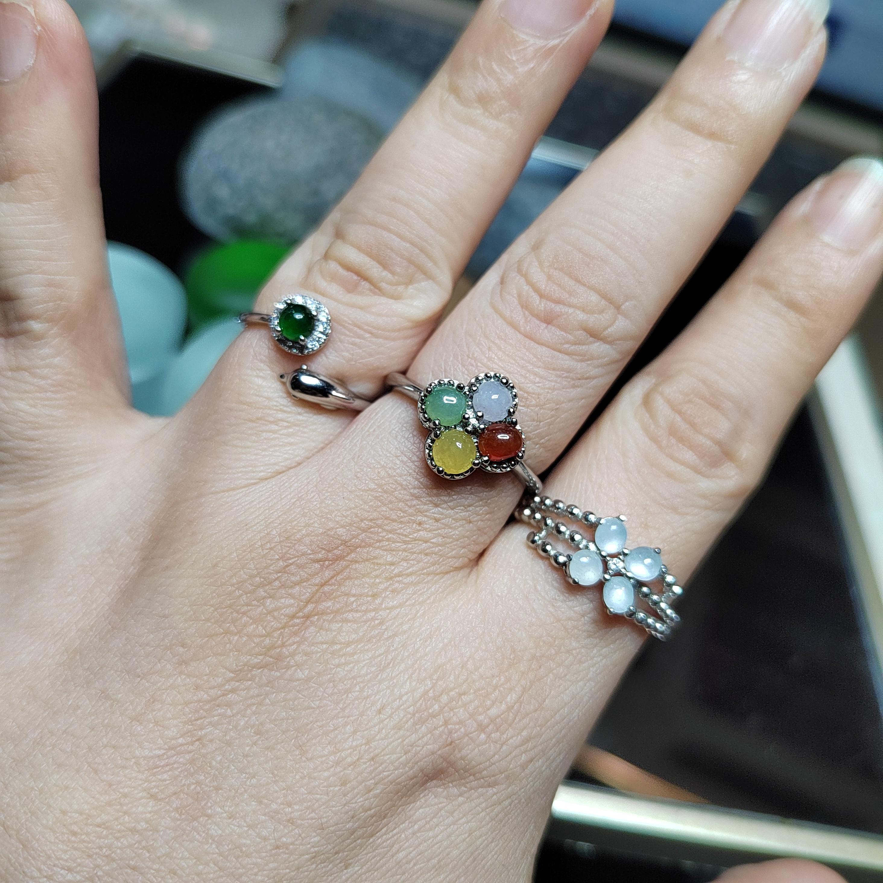 3pcs Set Natural Burmese Jadeite Rings | Four-Color Lucky Flower, Dolphin Green Jade, White Flower Design | Adjustable S925 Silver SL409