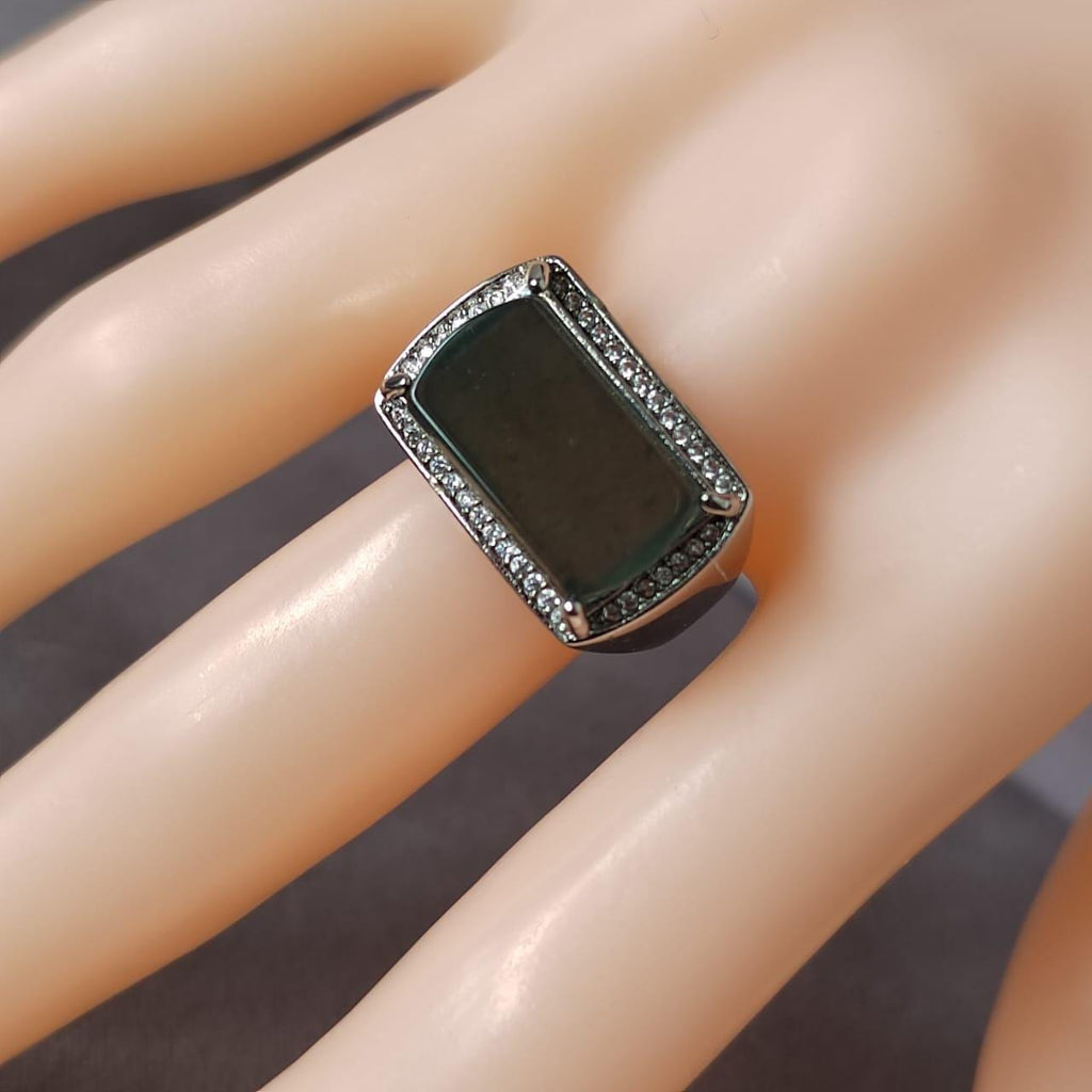 Green Guatemala Jade Zircon Accent Statement Ring S925 Silver Plated with 18K White Gold Unisex SL084 - SL Precious