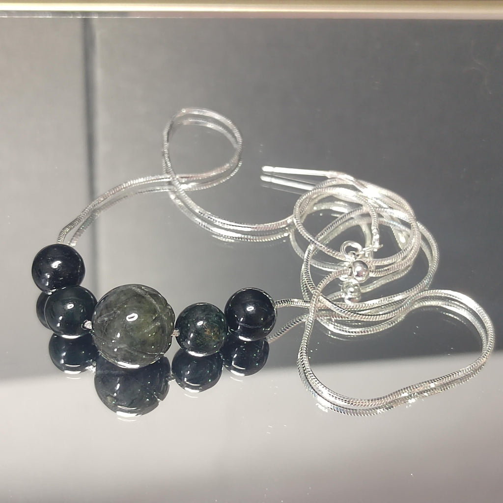 Natural Burmese Black Ink Wuji Jadeite Necklace | Minimalist Design | S9999  Silver Filled Vermeil Adjustable Chain | SL332