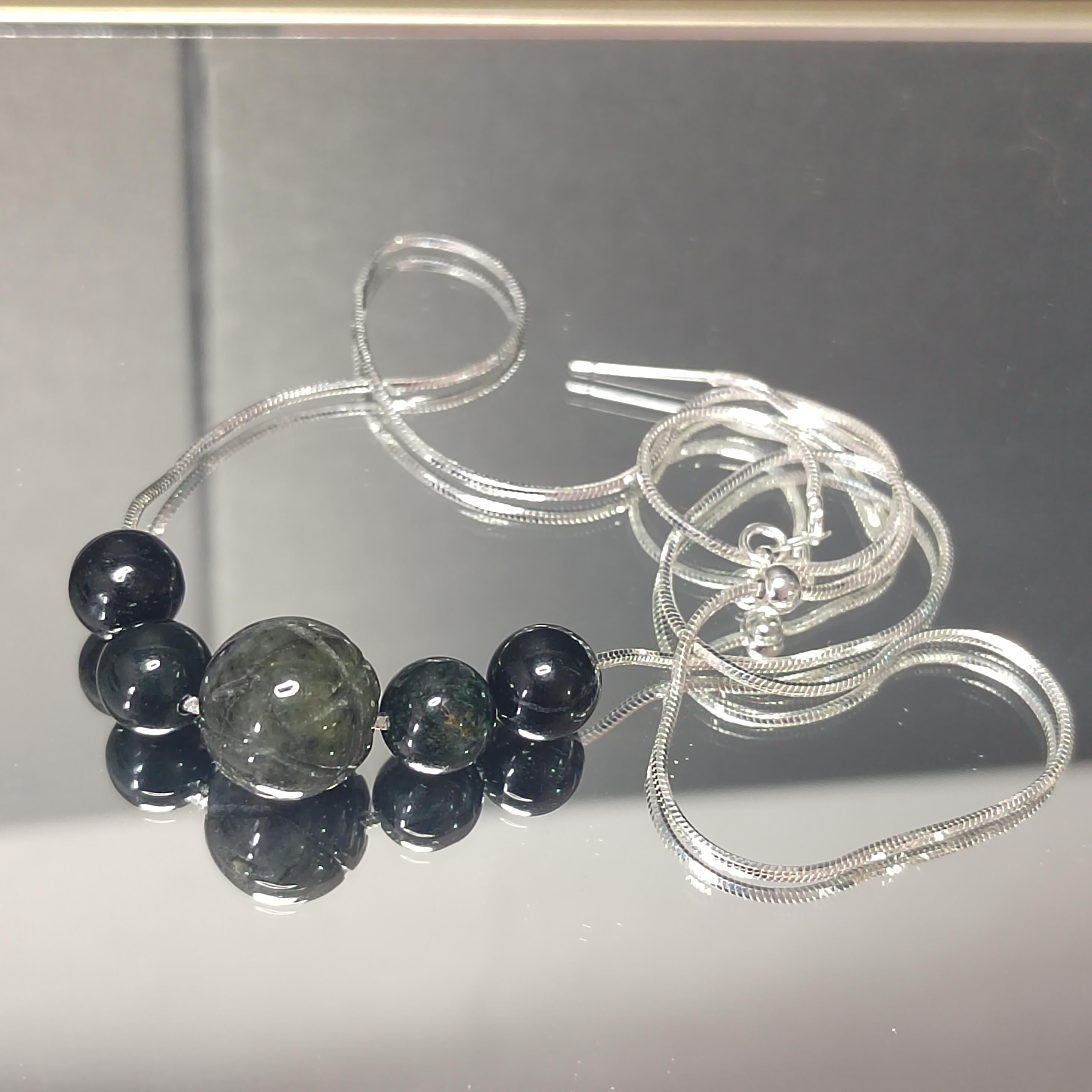 Natural Burmese Black Ink Wuji Jadeite Necklace | Minimalist Design | S9999  Silver Filled Vermeil Adjustable Chain | SL332
