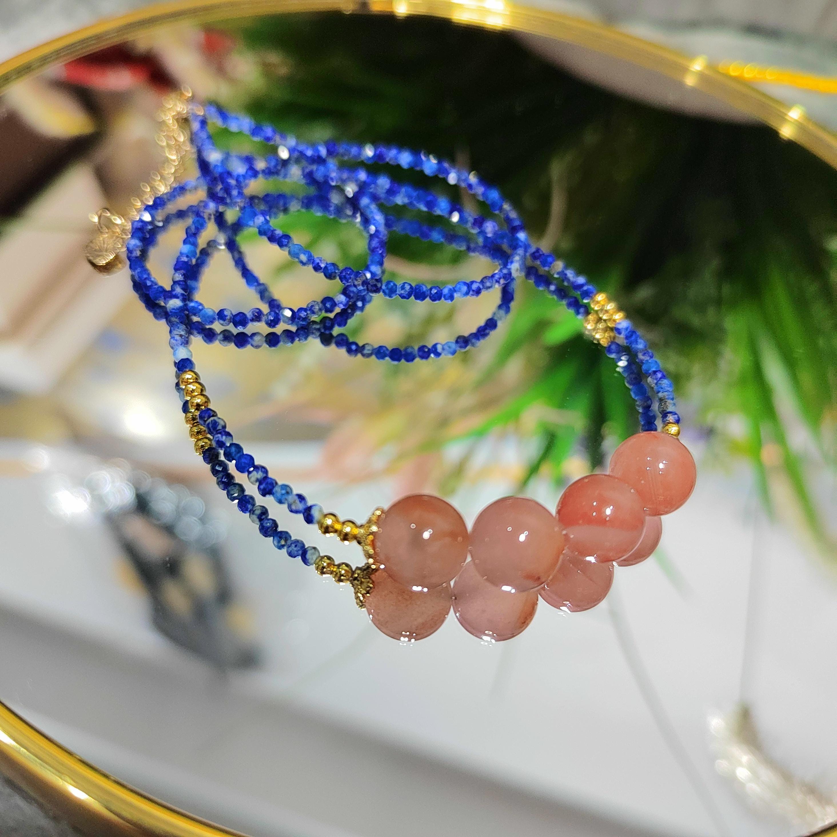 Natural Southern Nanhong Pink Agate & Afghan Lapis Lazuli Necklace, Choker, Bracelet Set SL298