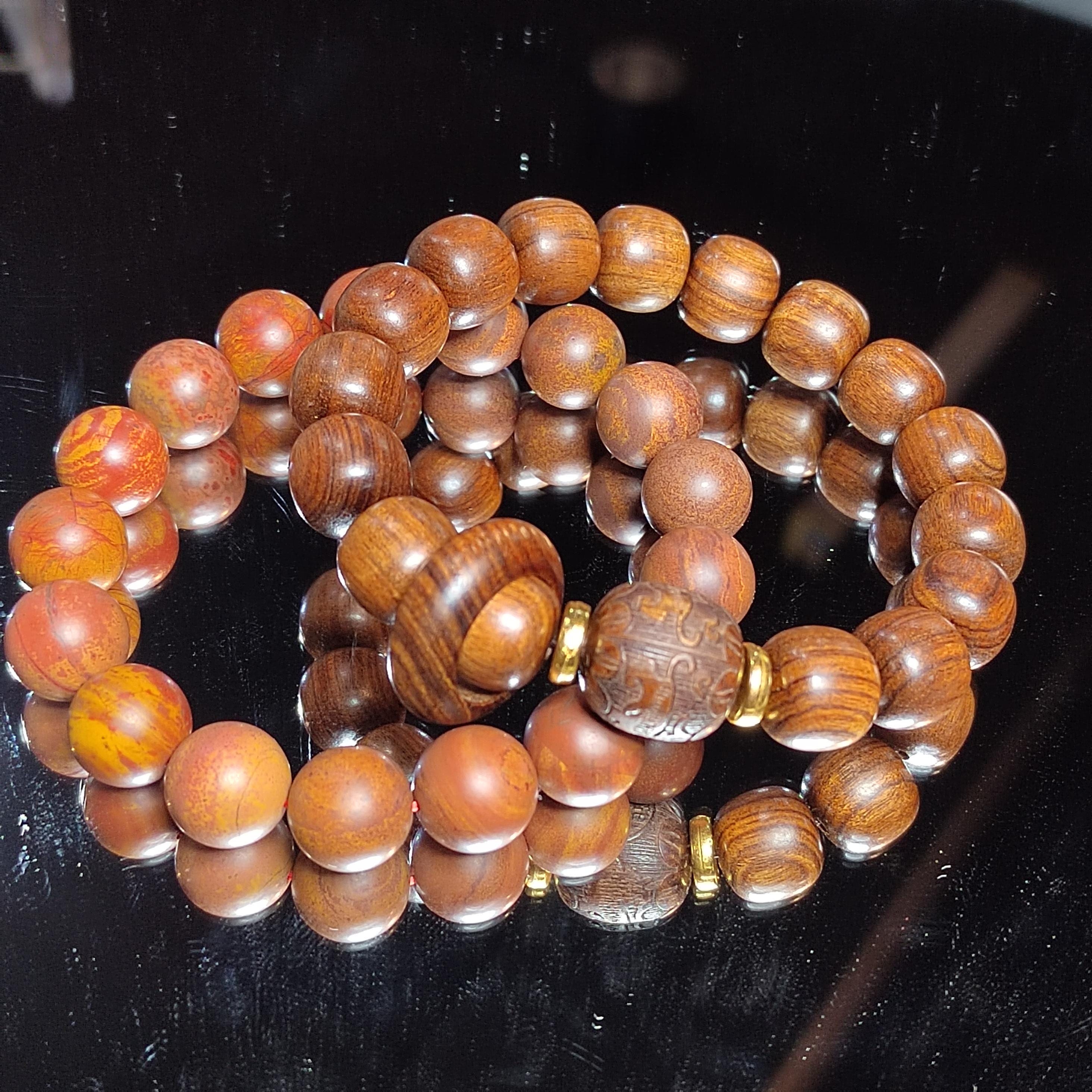 2pcs Set Unisex Natural Wood & Aromatic Bead Bracelets | Ebony Thuja with South Red Agate Accent | Handmade Gift for Him or Her SL416
