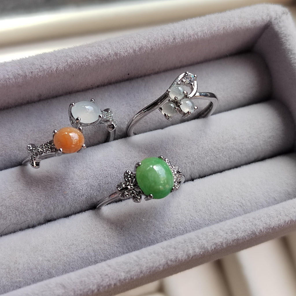 3pcs Set Natural Untreated Burmese Jadeite Rings | Imperial Green Orange Icy White | S925 Silver | Free Shipping SL407
