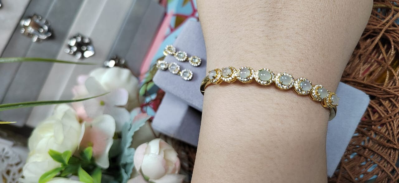 Natural Luxury Burmese Icy Light Jadeite Earrings & Bangle Set | 18K Gold Plated SL064 - SL Precious