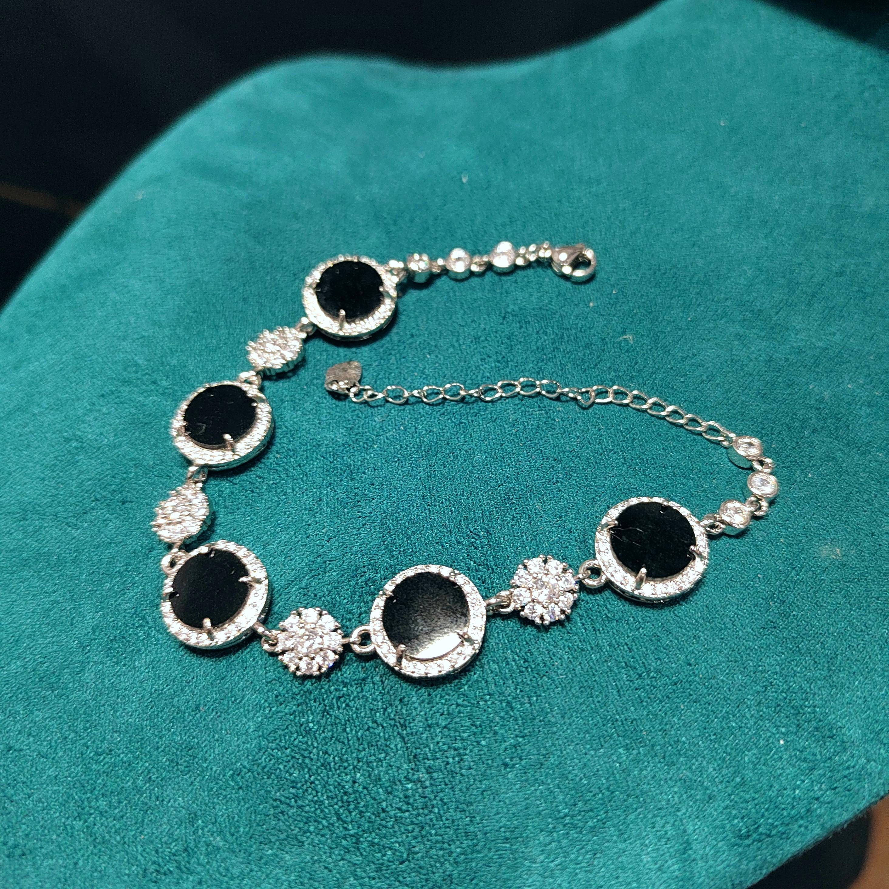 Certified Unique Natural Untreated Burmese Black Ink Jadeite Bracelet Full with Zircon Stone Set SL373