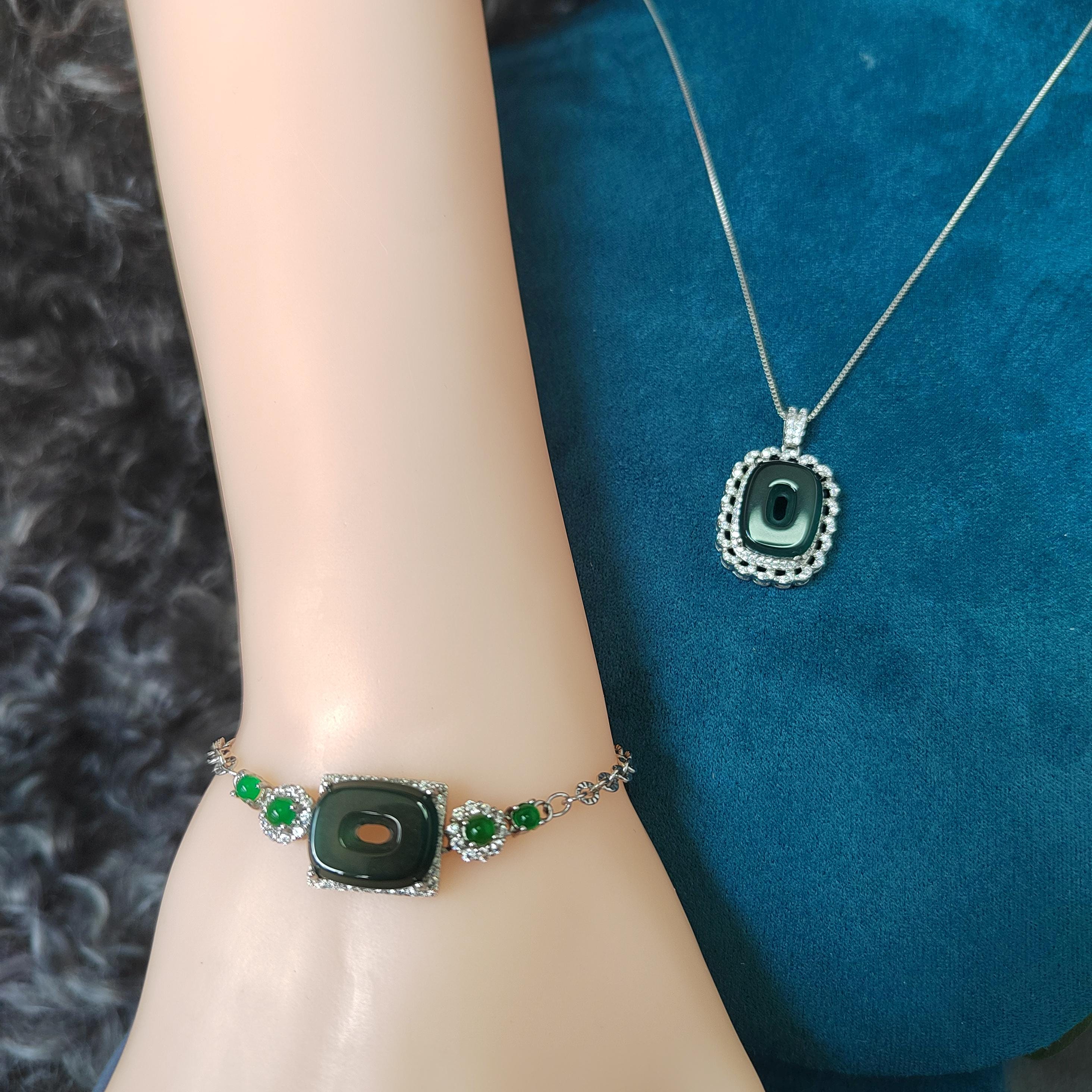 2pcs Set Square Natural Guatemala Bluish Green Bracelet Necklace 4 Imperial Green Jadeite Pendant Gemstone 925 18k Plated 老蓝水 SL053