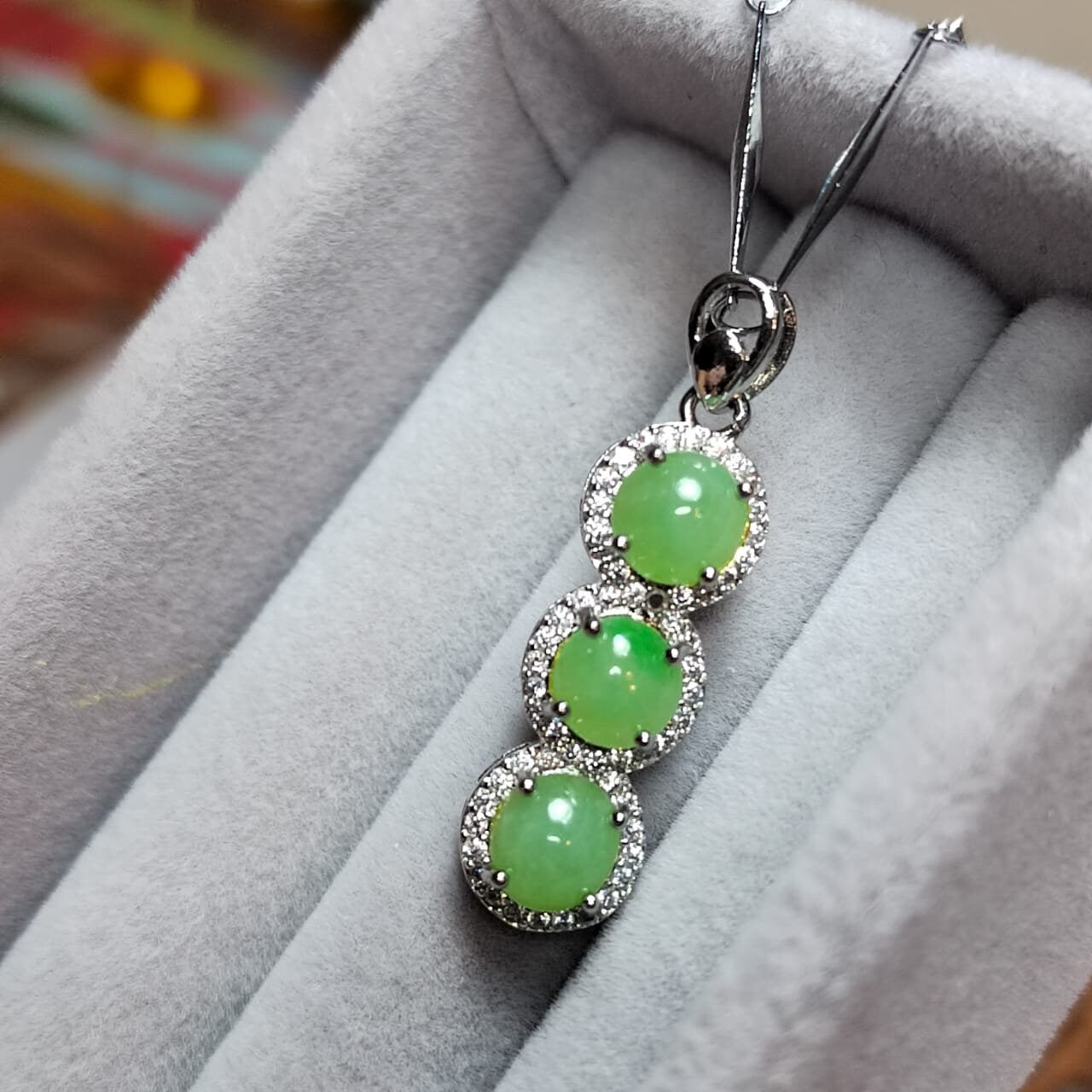 Burmese Jadeite Pendant on 925 Silver Chain - Glowing Trinity Design with Zirconia Accent SL038