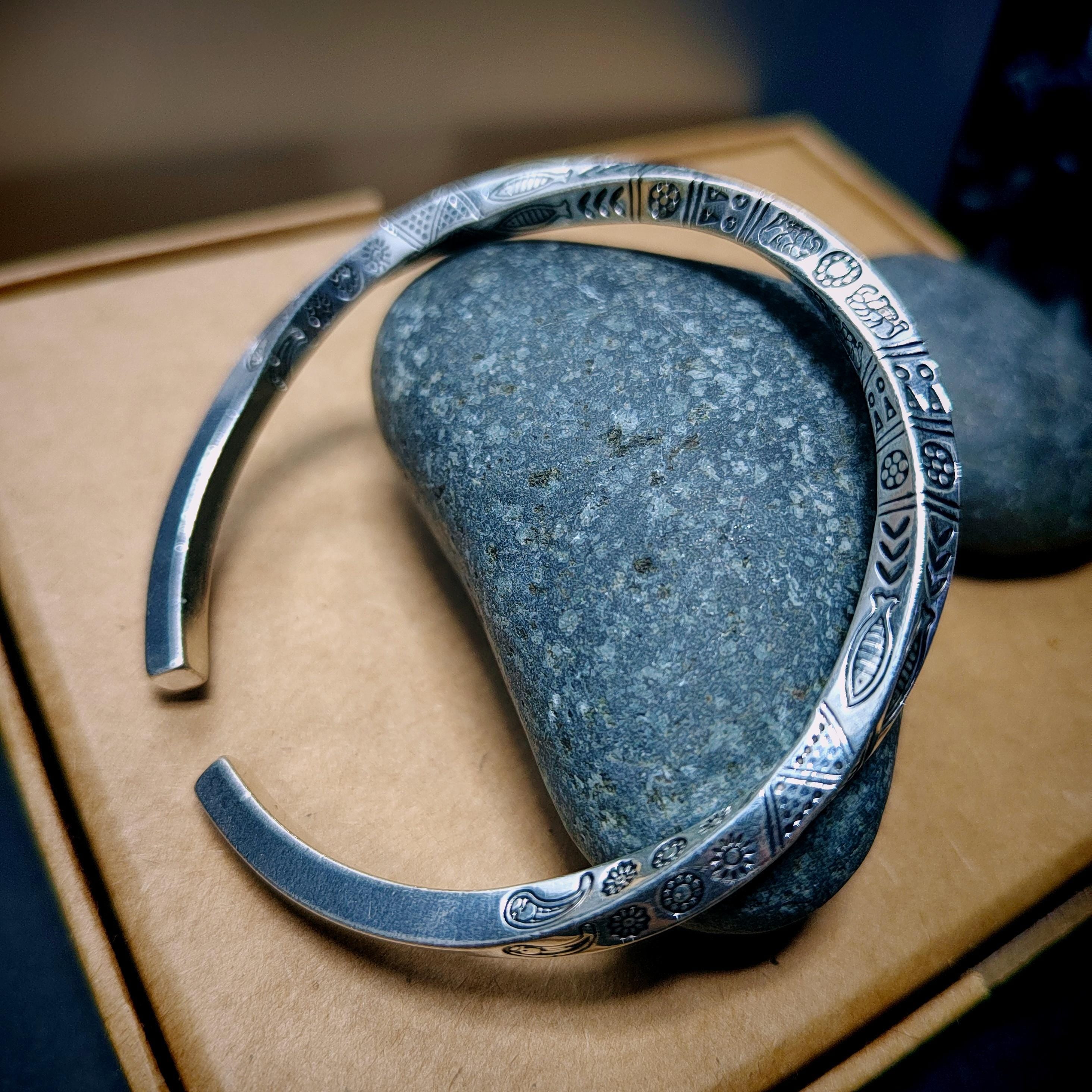 S9999 Silver Filled Vermeil Twitter Punk Bangle & Burmese Black Ink Jadeite Bead Bracelet | Vintage Unisex Gift Set SL237
