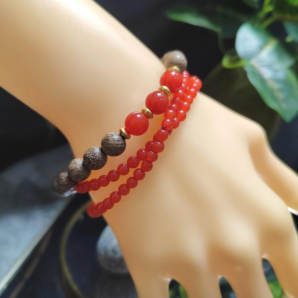 Natural Yunna Baoshan Persimmon Icy Red Nanhong Agate| Natural Agarwood Bead Bracelet 2pcs Set Stacked Design SL393
