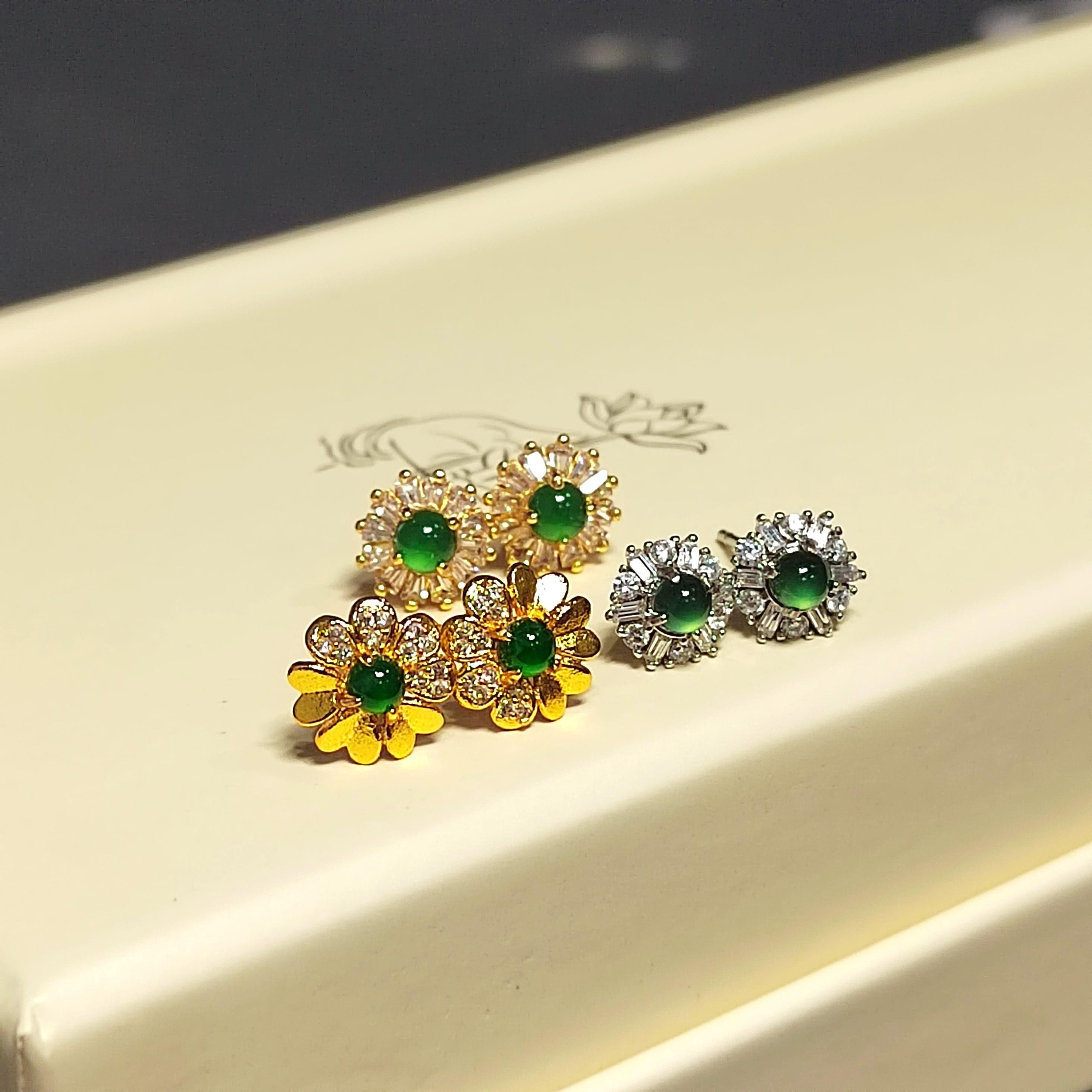 Certified 3 Different Types Natural  Imperial Green Minimalist Stud Guatemala Jadeite Earrings 18k Plated on 925 Sterling Silver SL349x29 - SL Precious