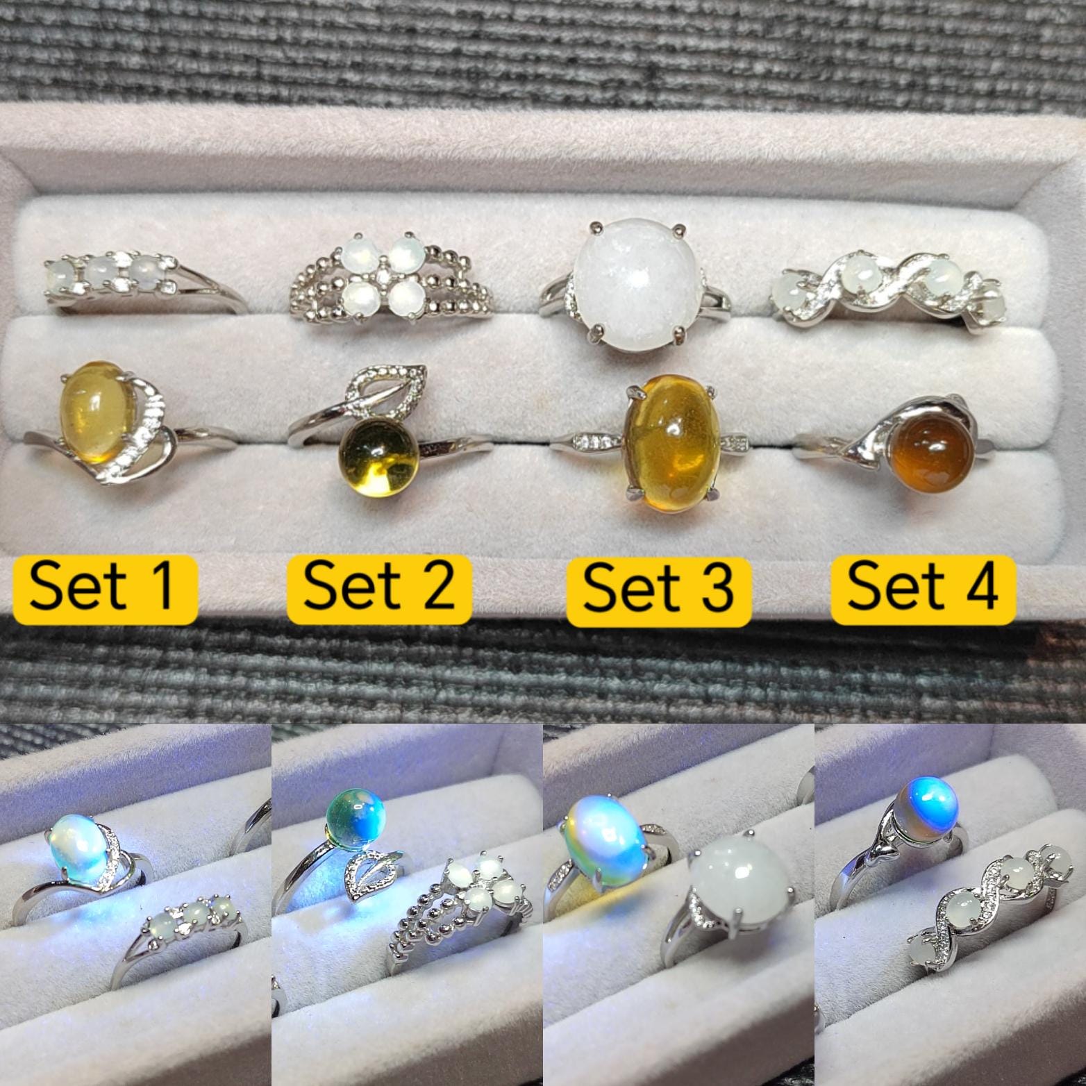 Burmese Blue Amber & Jadeite Ring Set: 18K Gold-Plated S925 Silver, Adjustable SL417
