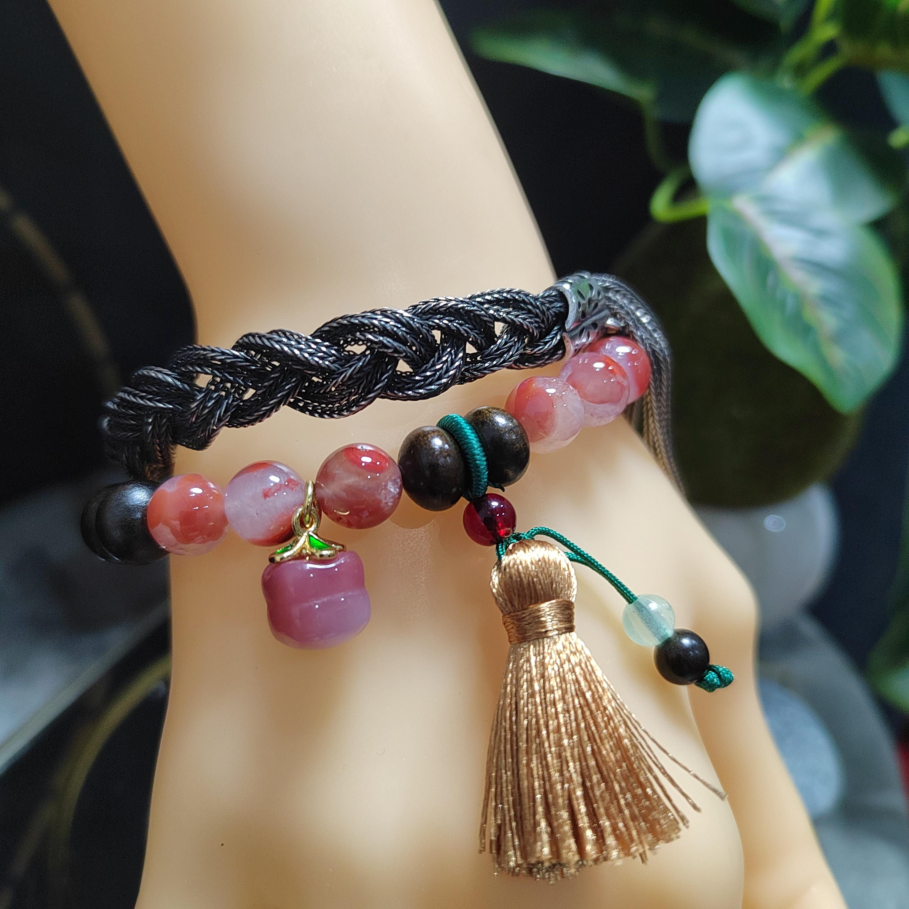 Certified Natural South Red Agate & Ebony Wood Twin Bracelet Set | Bodhi Seed Accents | 沉贵宝| 999 Silver Filled Vermeil SL392