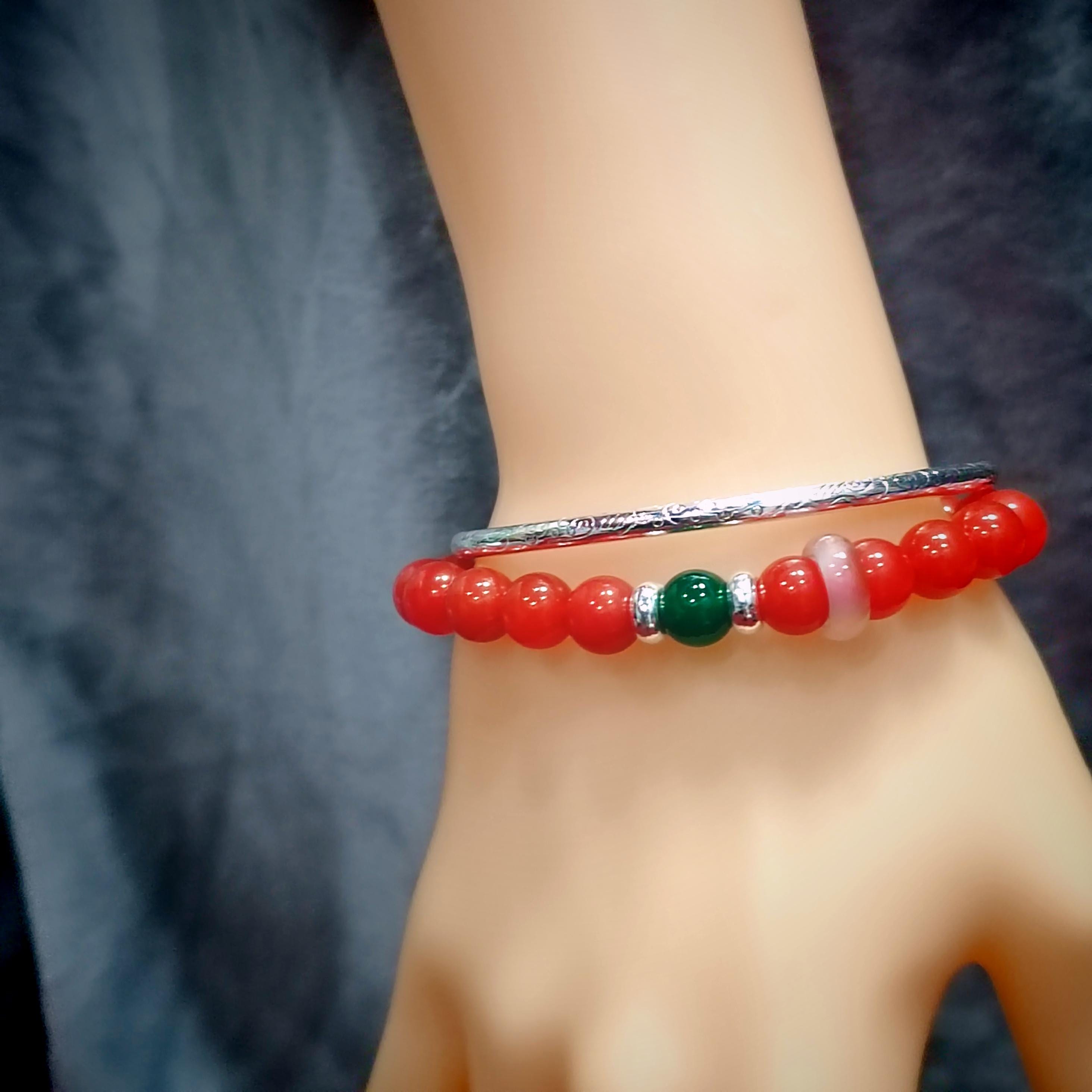 Natural Baoshan Nanhong Red Agate Bead Bracelet & Bangle Set | S9999 Pure Silver Bangle/Bead Green Agate | 4 Designs SL285 SL286 SL287 SL288