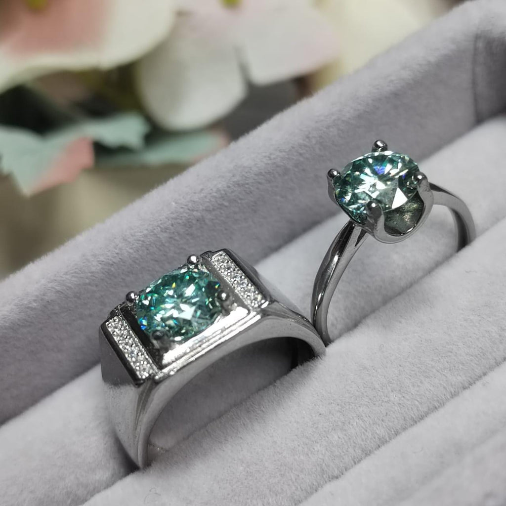 Light Blue Moissanite with Zircon Accent Couple Rings Set S925 Silver Plated with 18K White Gold for Wedding, Anniversary, Engagement SL081 - SL Precious