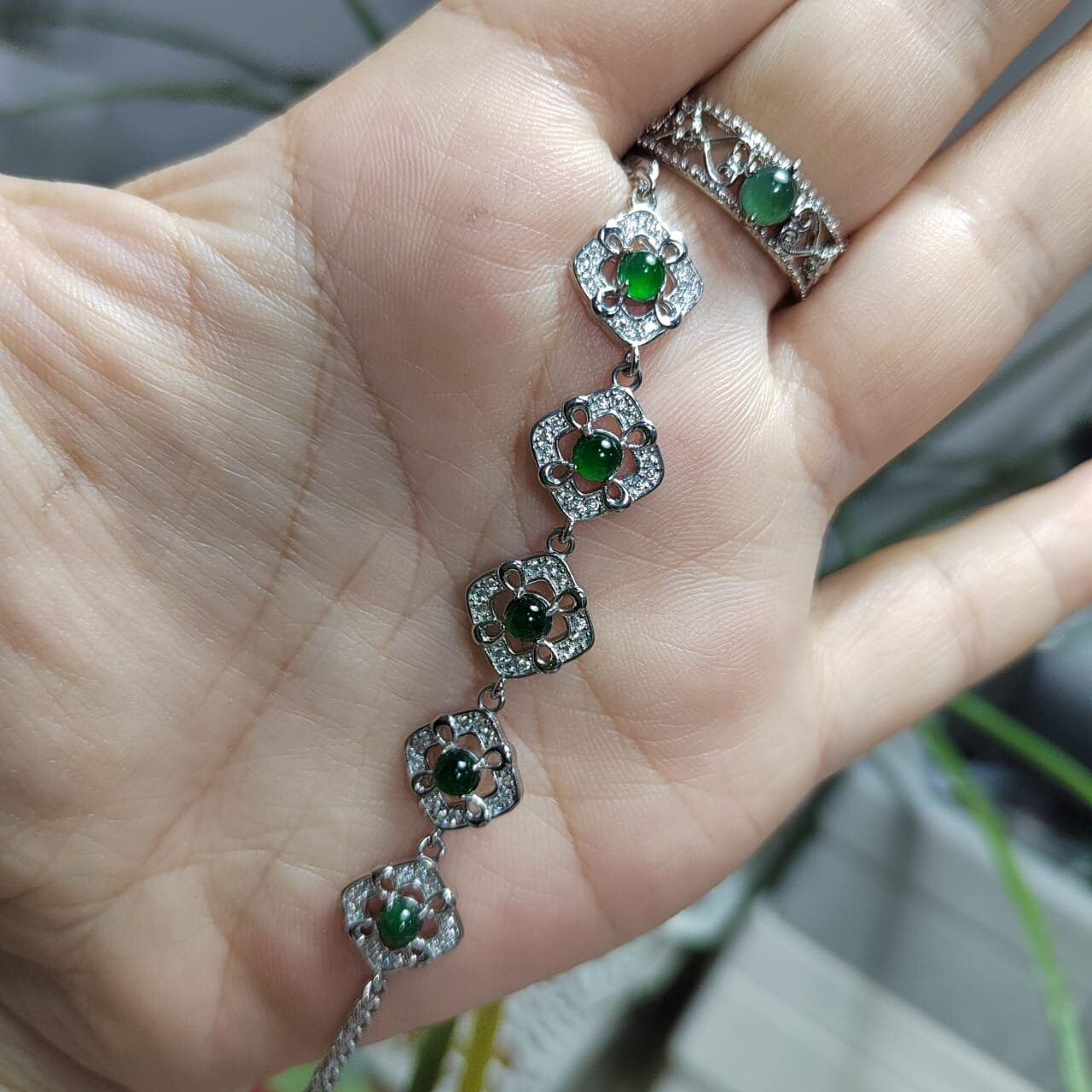 Woodland Dark Green Natural Guatemala Jadeite  Zirconia Silver Ring & Bracelet Set SL034