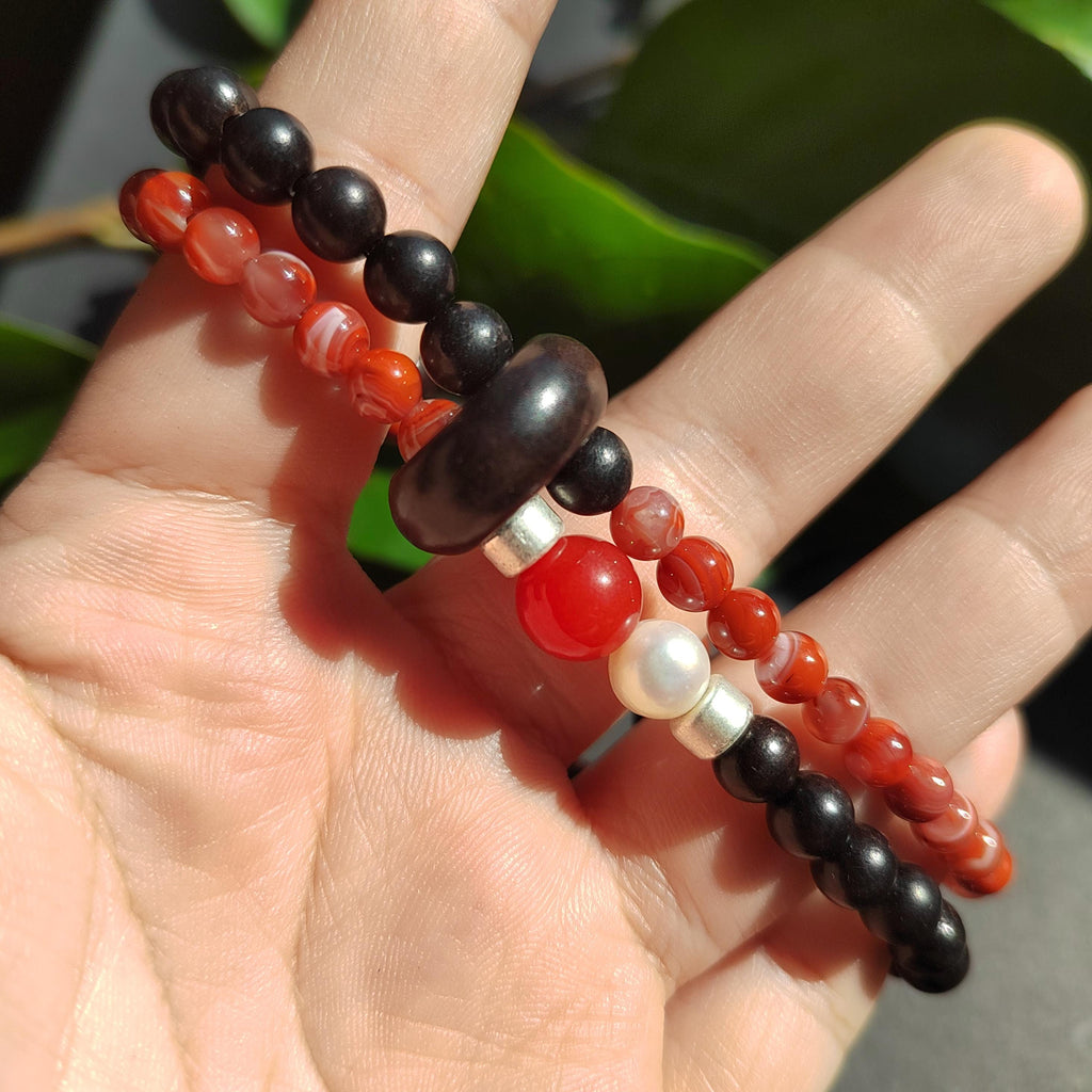 Handmade Stacking Bracelet Set | Ebony, Sandalwood, Pearl & Lapis with Natural Agate Beads | SL404