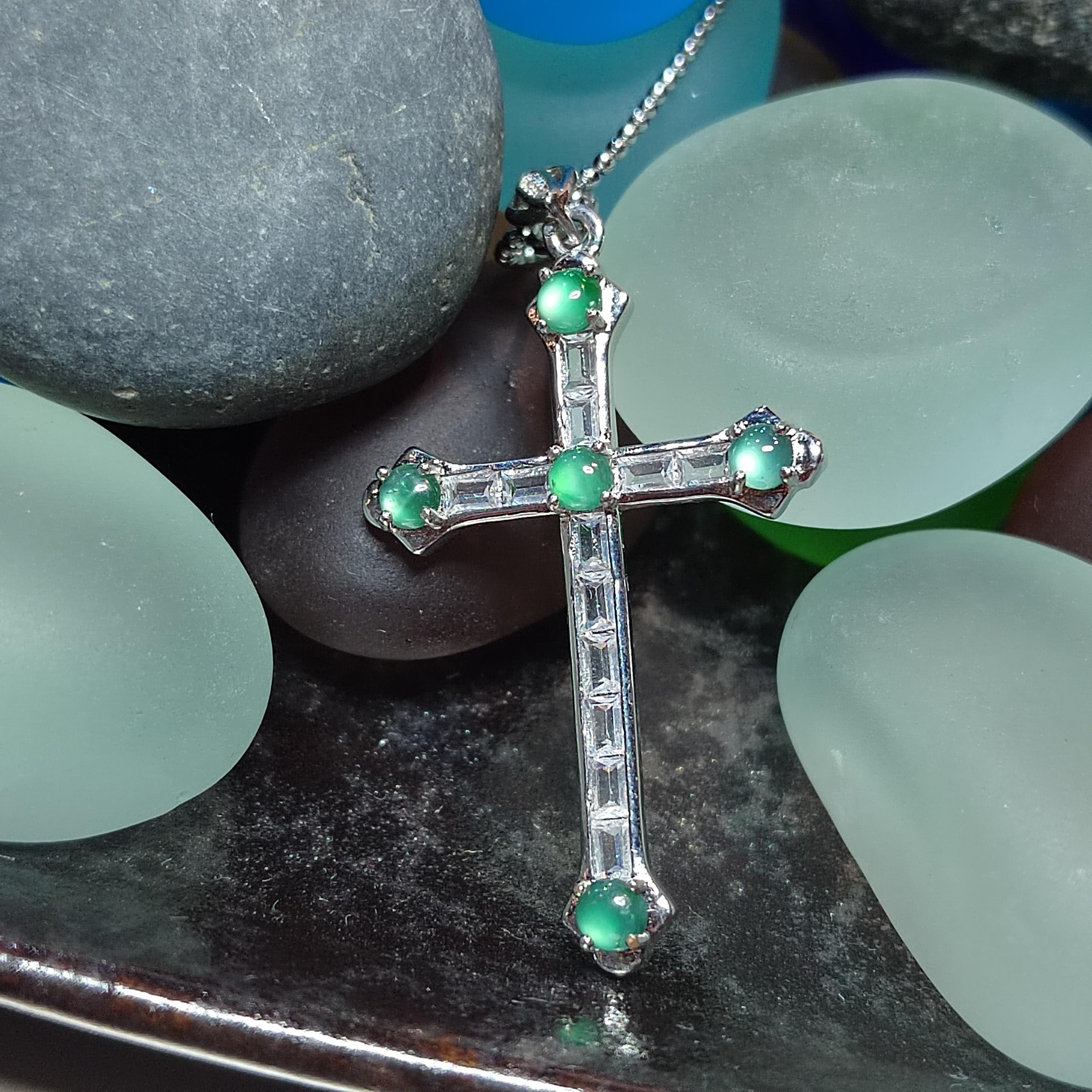 Certified Untreated A-Grade Burmese Icy Light Bulbs Natural Untreated Green Jadeite Cross Necklace | Christian Gift SL051 - SL Precious