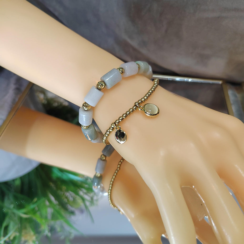 Burmese Natural Untreated Cylinder Beads Jadeite With Gold Plated Bead Bracelet Double Layer Fashion SL161