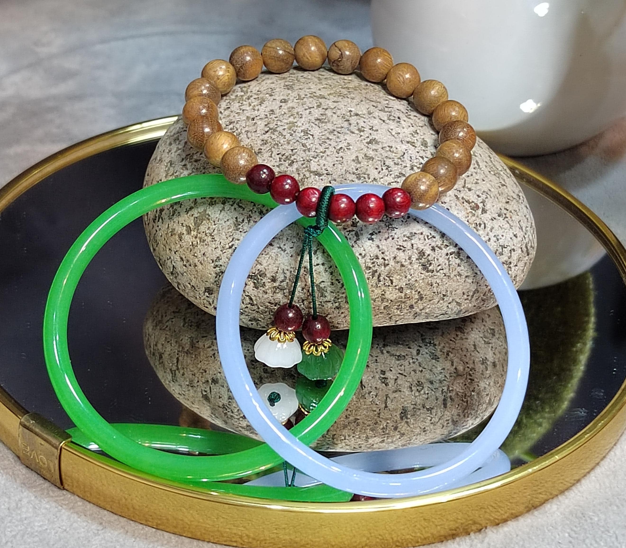 Agate Bangle Bracelet Set: Purple & Green Agate, Sandalwood Beads SL0450C