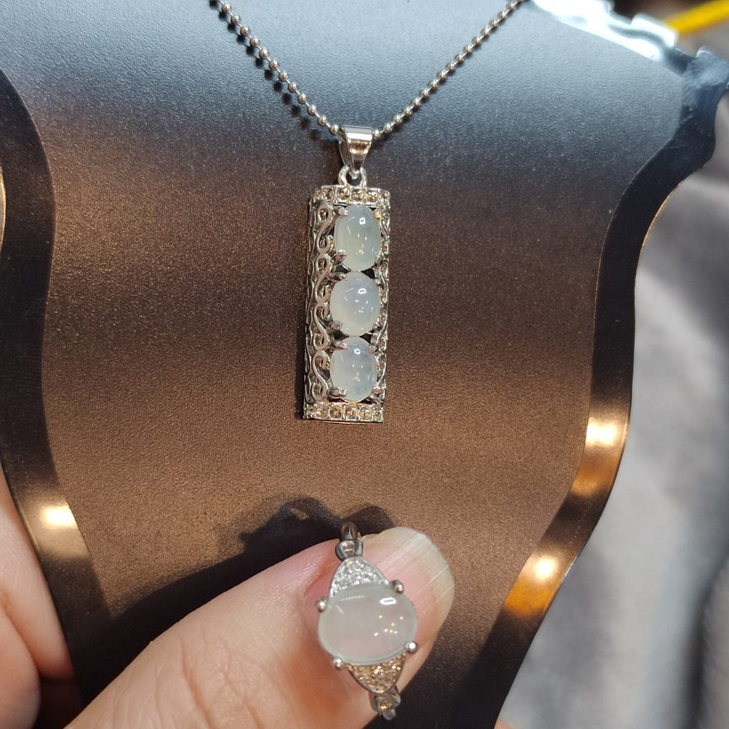 Certified A-Grade Translucent White Burmese Jadeite Pendant and Free Ring | 925 Sterling Silver SL8012 - SL Precious