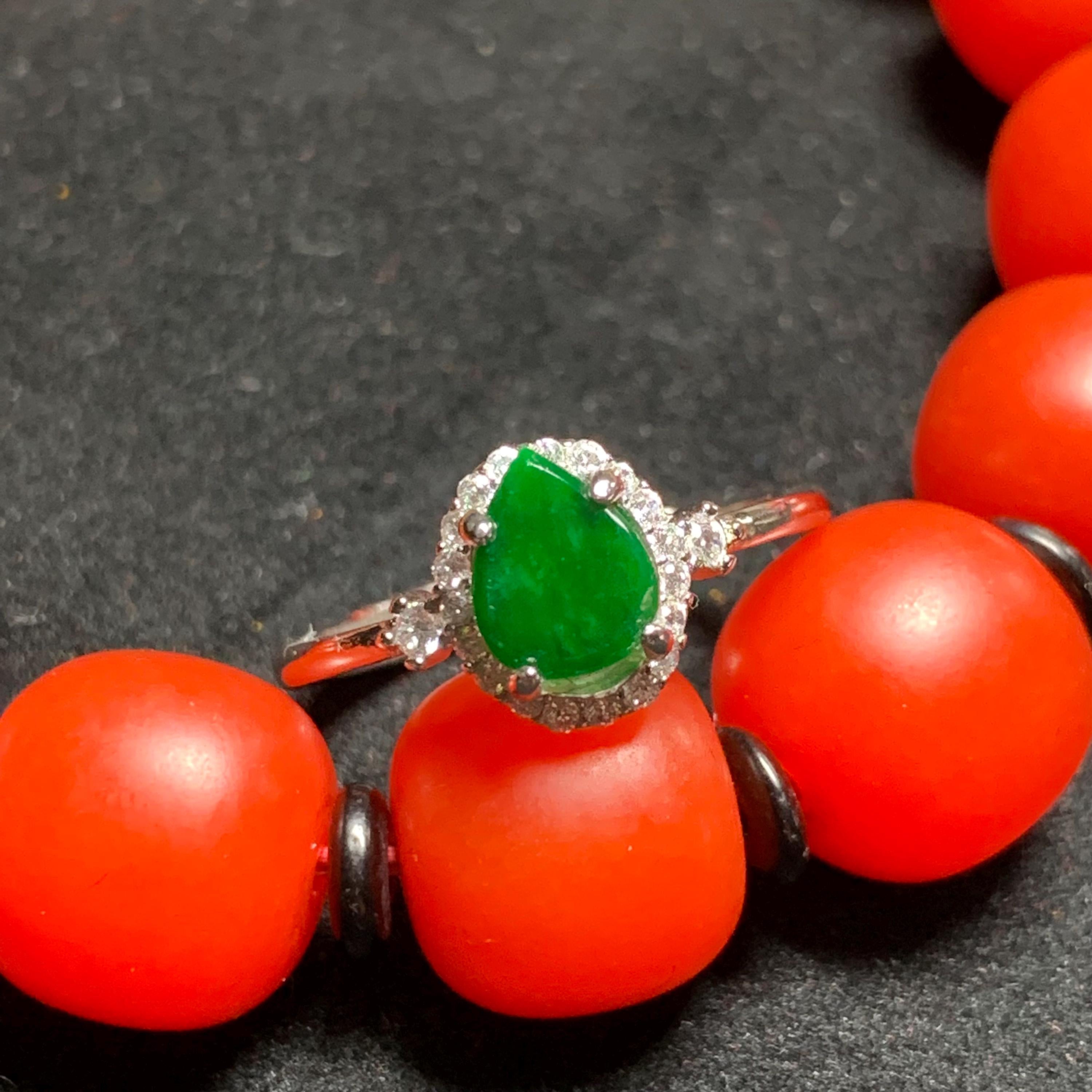 Certified A-Grade Natural Untreated Burmese Elegant Tear Drops Imperial Green With Zircon Set S925 Sterling Silver Jadeite Ring SL243X2 - SL Precious