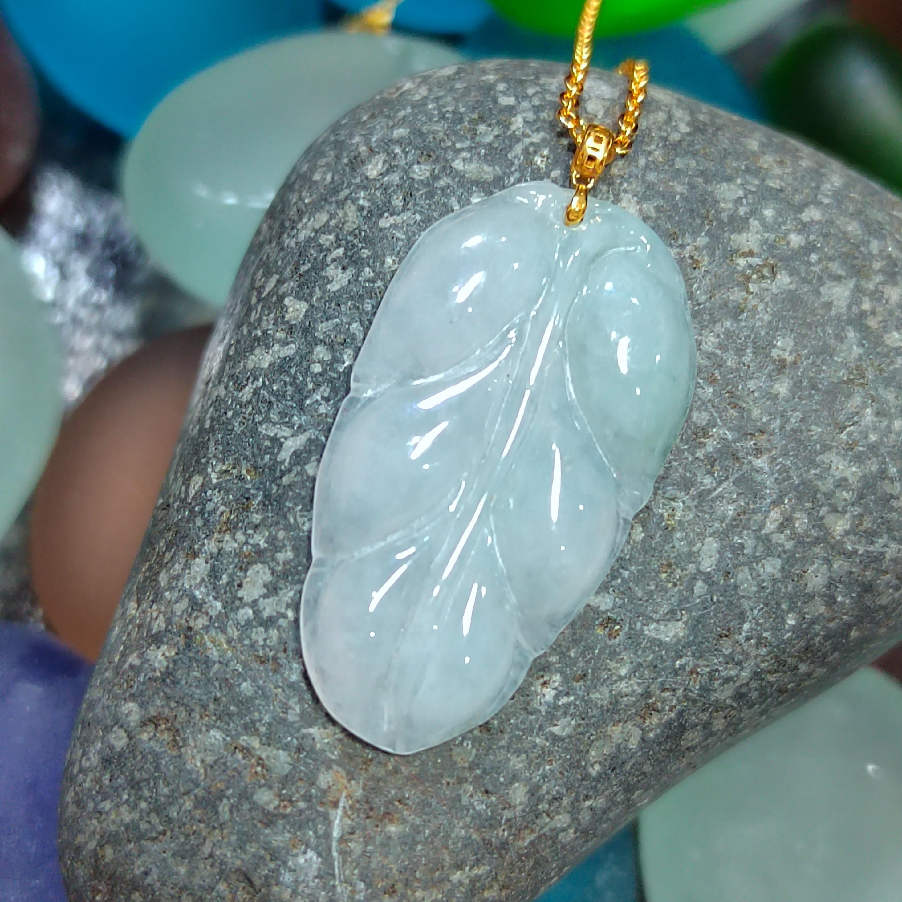 Certified Natural A-Grade Untreated Burmese Icy  Snow White| Green 雪花棉Leaf Jadeite Pendant | 18K Solid Gold Setting SL023 - SL Precious