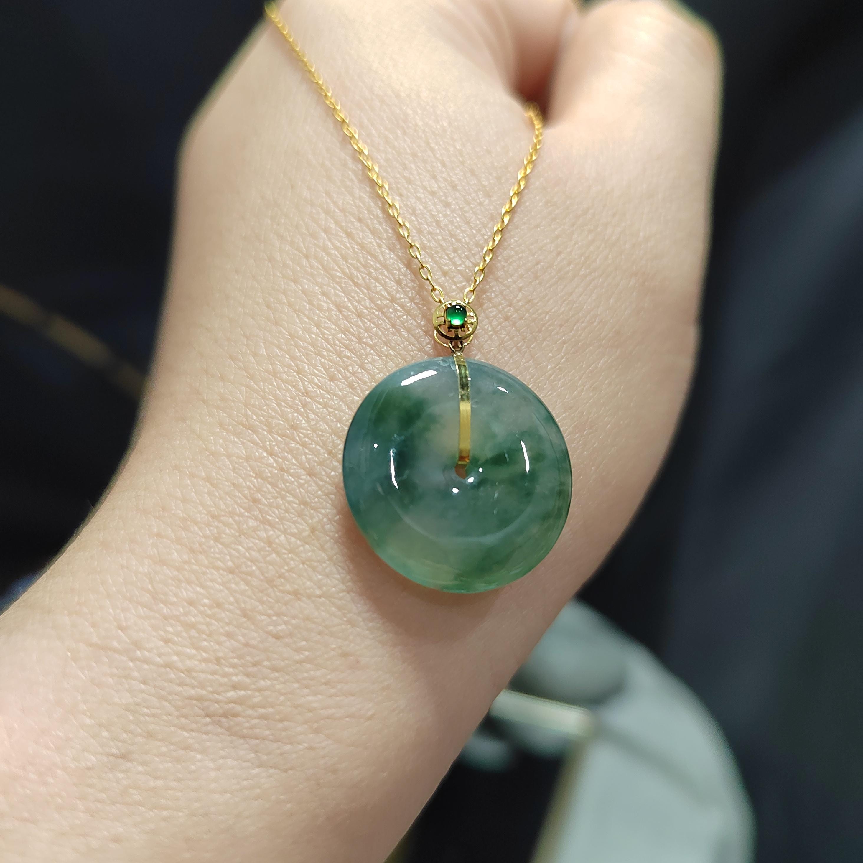 Certified A-Grade Natural Untreated Burmese Dynasty Design Icy Floral Green Donut Jadeite Pendant 冰飘花 G18K SL375
