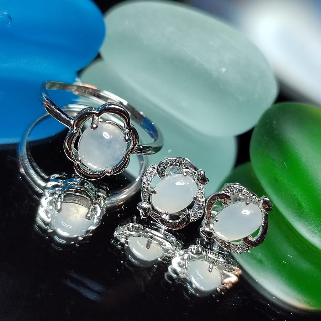 Minimalist Natural Burmese Icy White Jadeite Ring & Earrings | S925 Sterling Silver | Pure Type A Jade Set SL412 - SL Precious