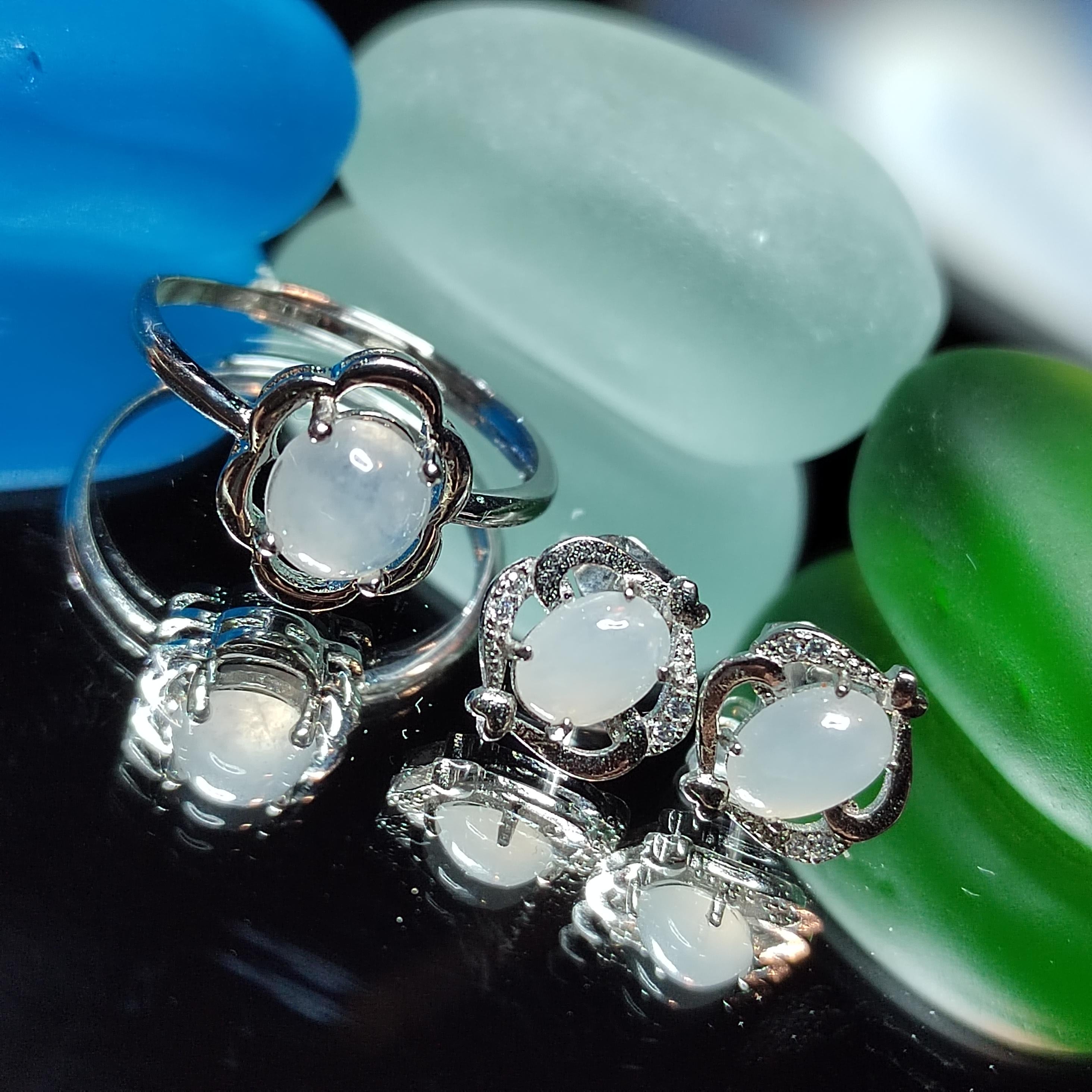 Minimalist Natural Burmese Icy White Jadeite Ring & Earrings | S925 Sterling Silver | Pure Type A Jade Set SL412 - SL Precious