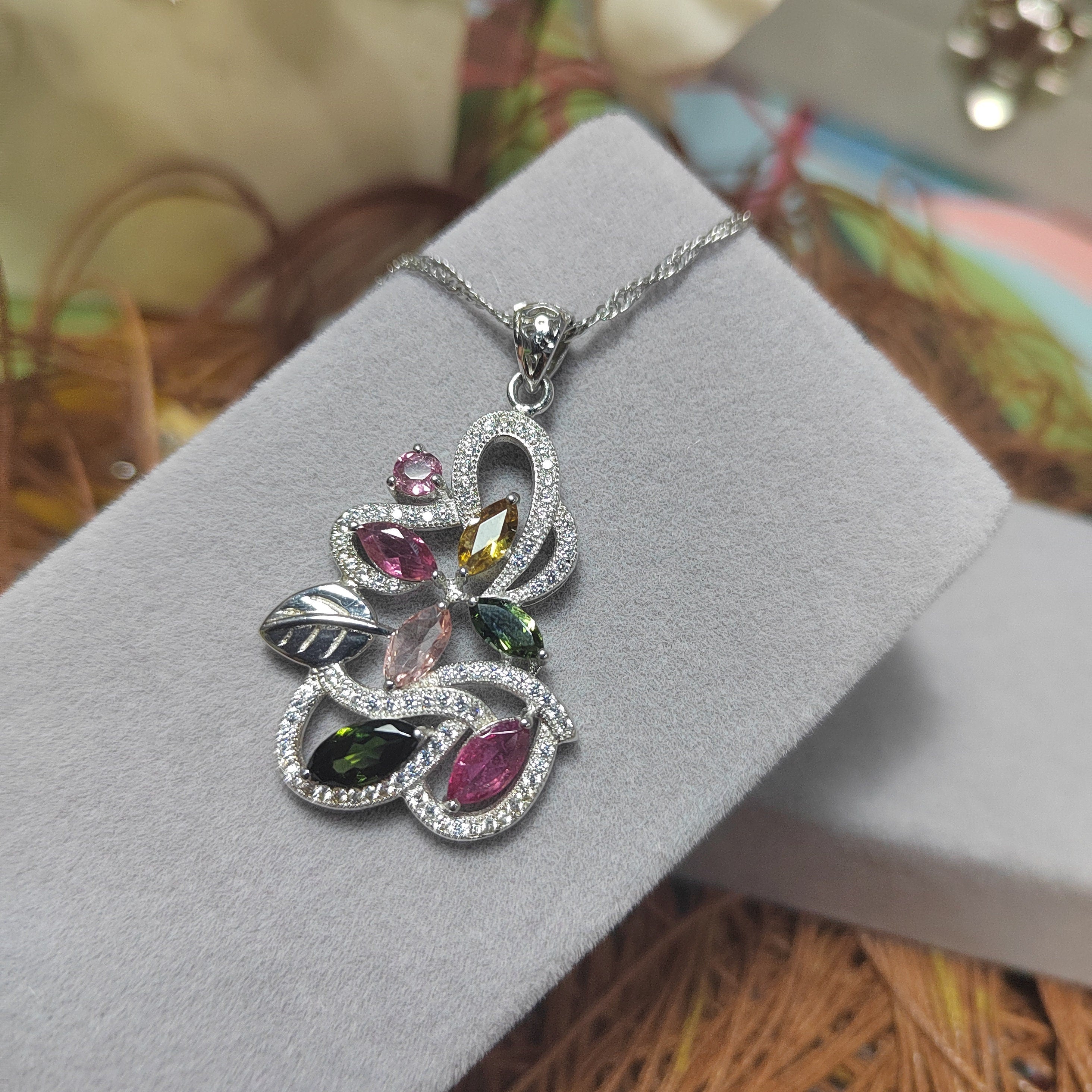 Colorful Untreated Natural Tourmaline Pendant Beautiful Flowers with Zirconia Setting SL071 - SL Precious
