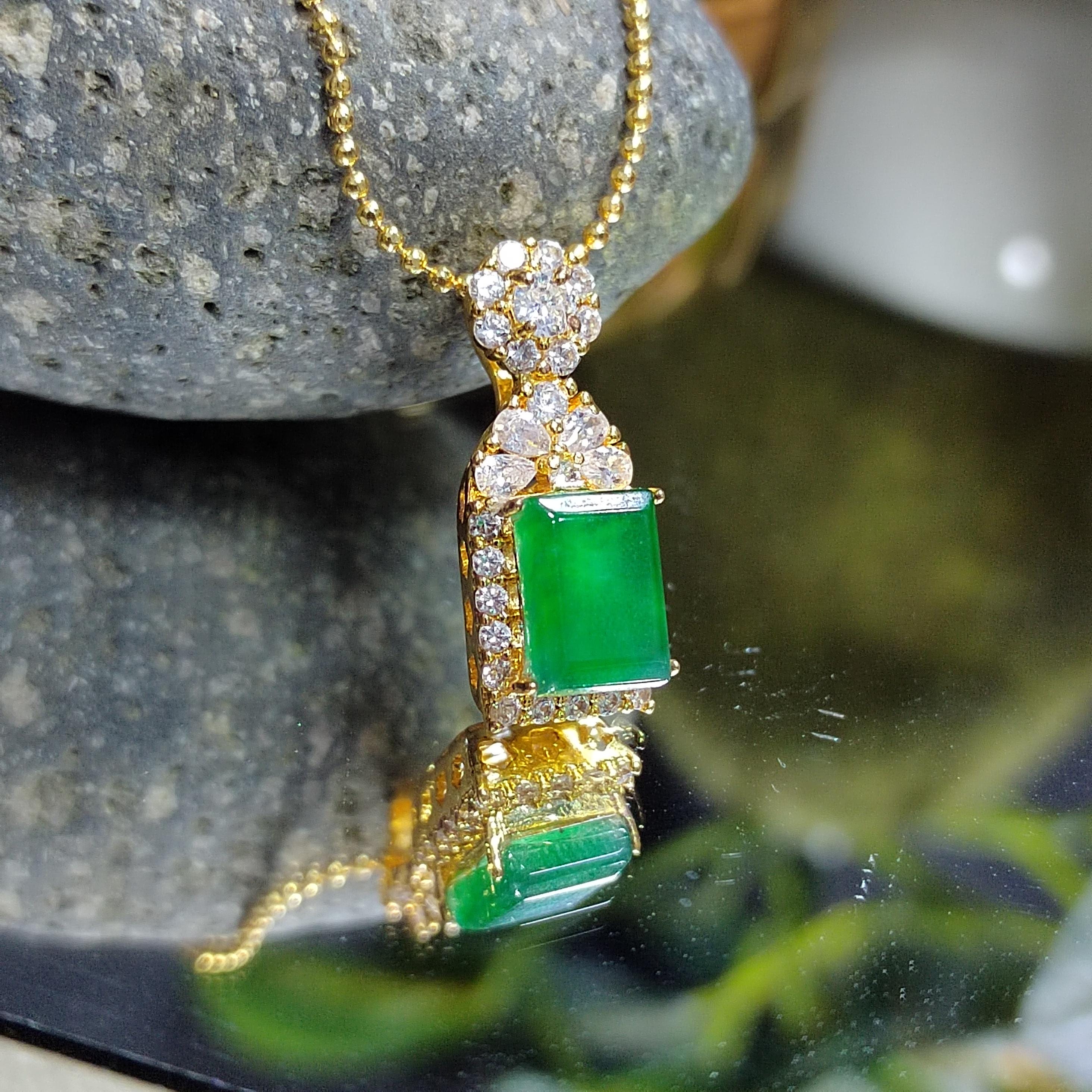 Certified A-Grade Imperial Green Jadeite Rectangle Pendant | Zirconia Accent |Simple| Elegant | Minimalist Design |Best Gift For Her SL040