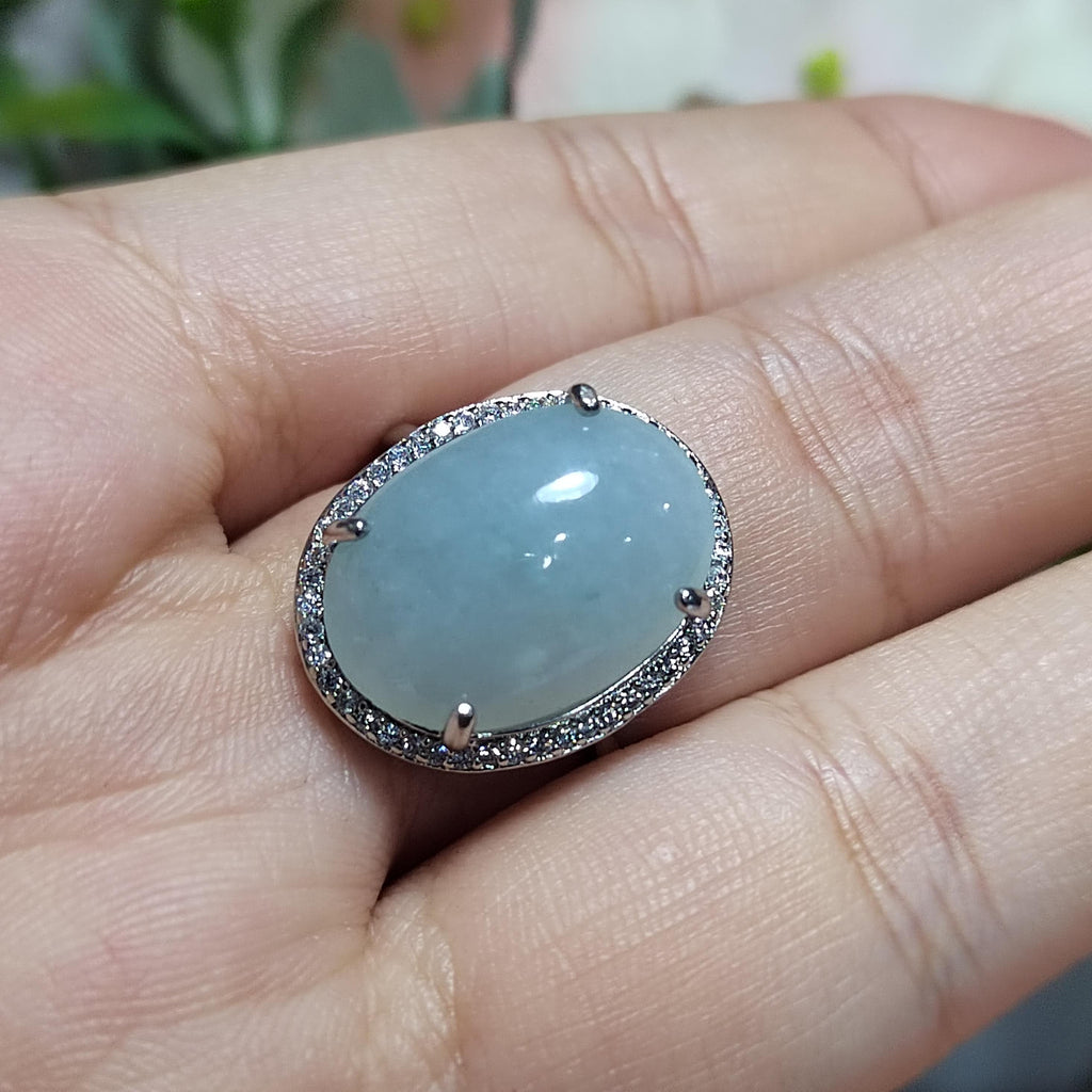Burmese A-Grade Natural White Icy Blue Jadeite Ring | Floral Zirconia Adjustable SL085
