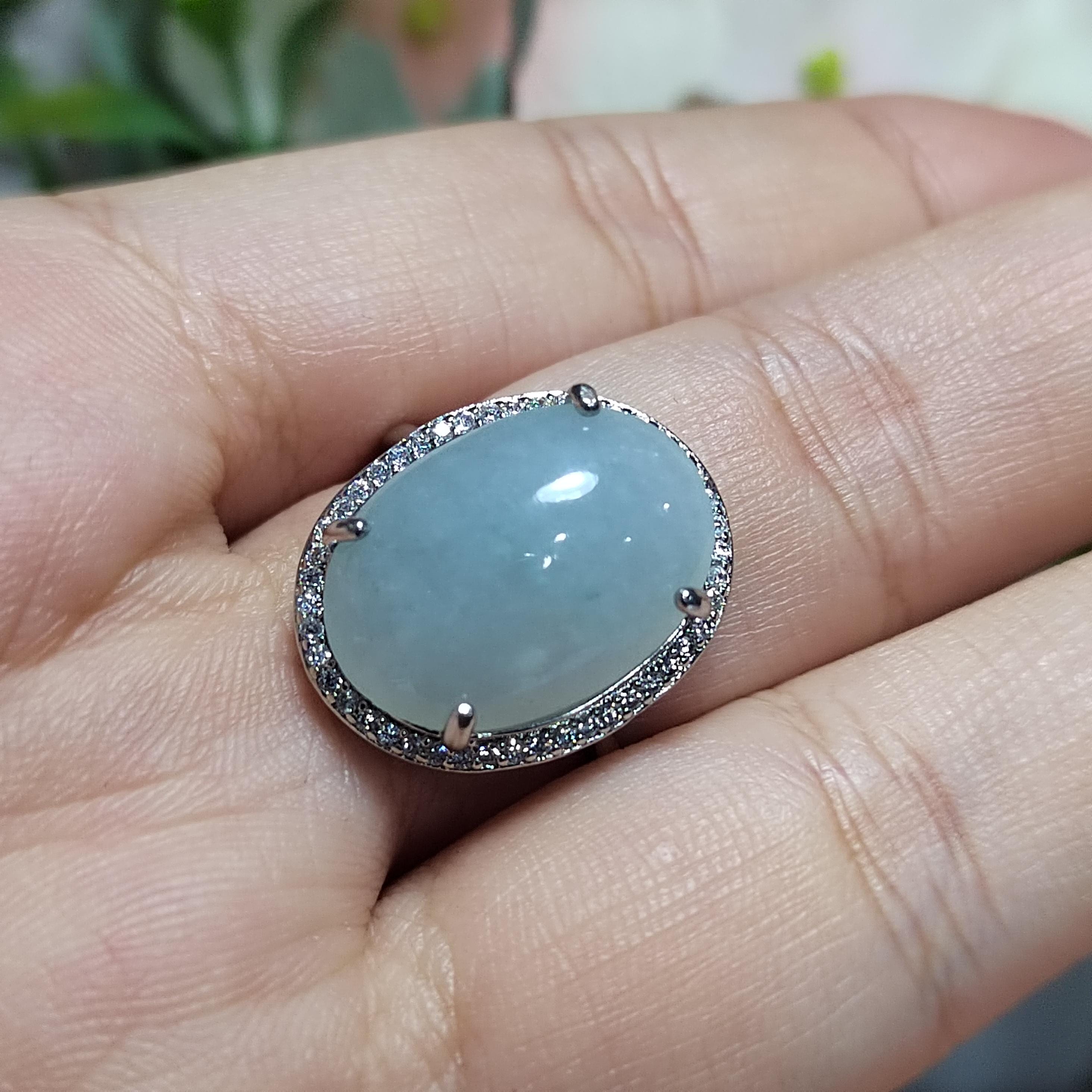 Burmese A-Grade Natural White Icy Blue Jadeite Ring | Floral Zirconia Adjustable SL085