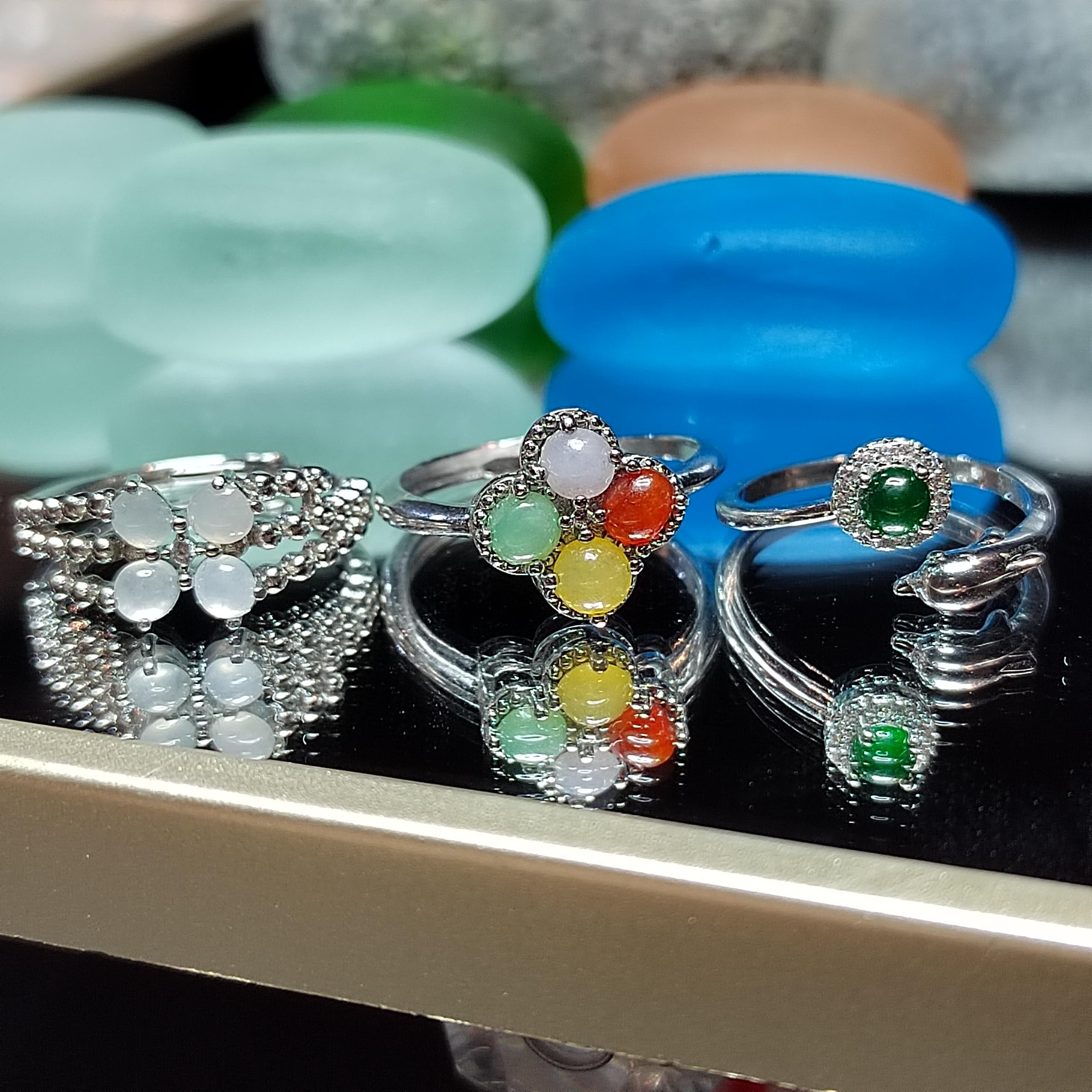 3pcs Set Natural Burmese Jadeite Rings | Four-Color Lucky Flower, Dolphin Green Jade, White Flower Design | Adjustable S925 Silver SL409
