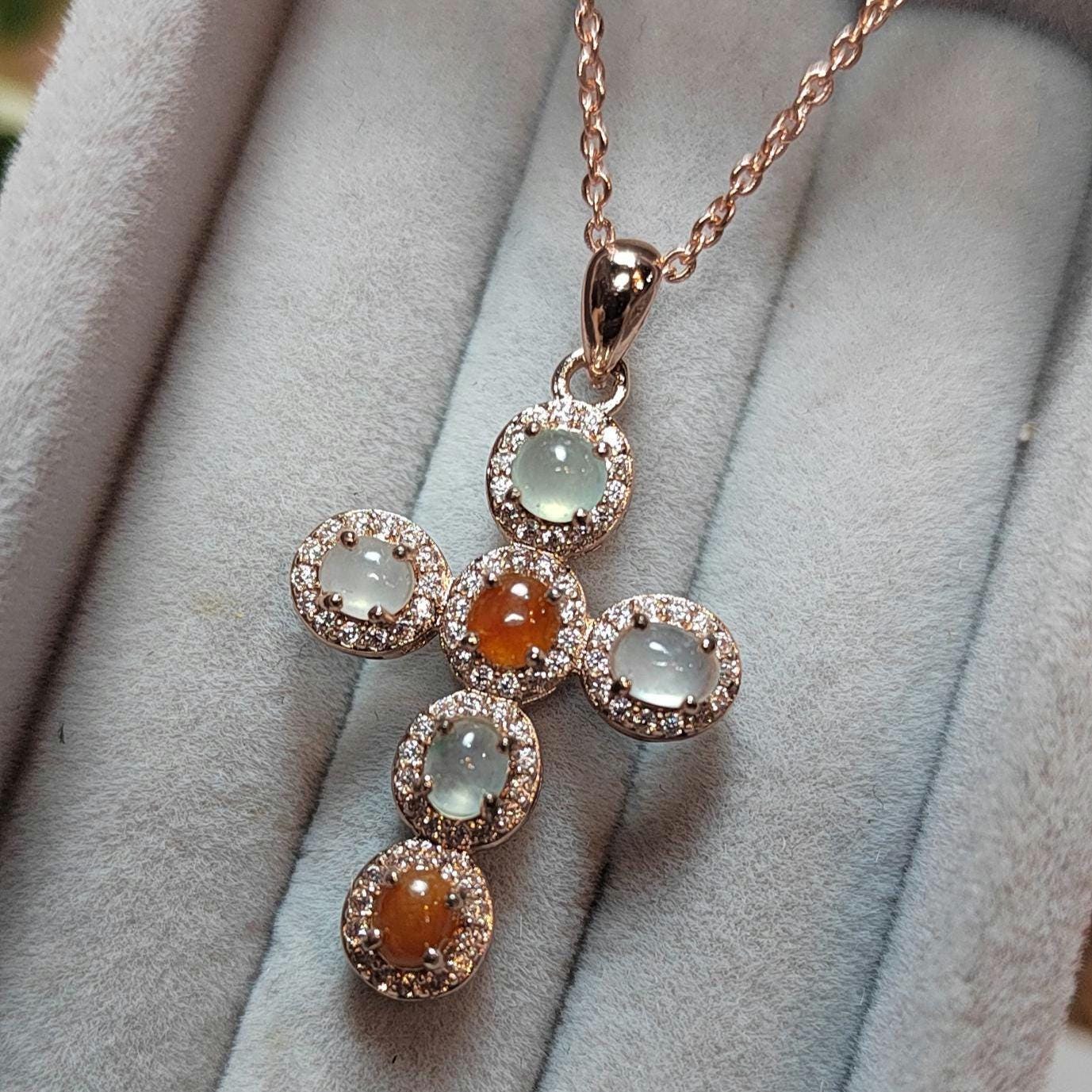 Natural Burmese Red/White Icy A Grade Jadeite Cross 925 Silver 18k Rose/White Gold Plated Zirconia Christian Cross Jewelry Set SL057 - SL Precious