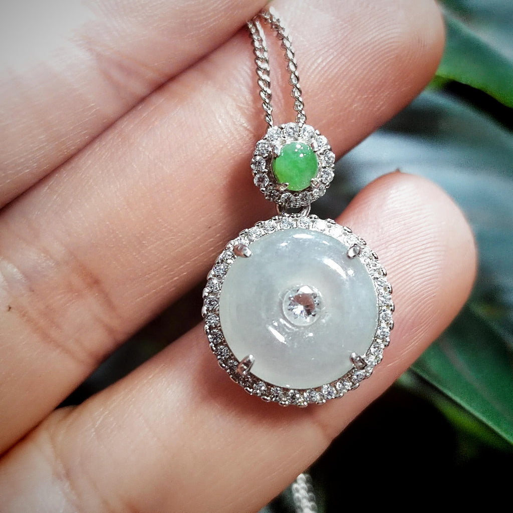 Certified A-Grade Icy White Green Burmese Jadeite Donut Shape Pendant Zirconia on 925 Silver Chain | Minimalist Design | For Her SL8007