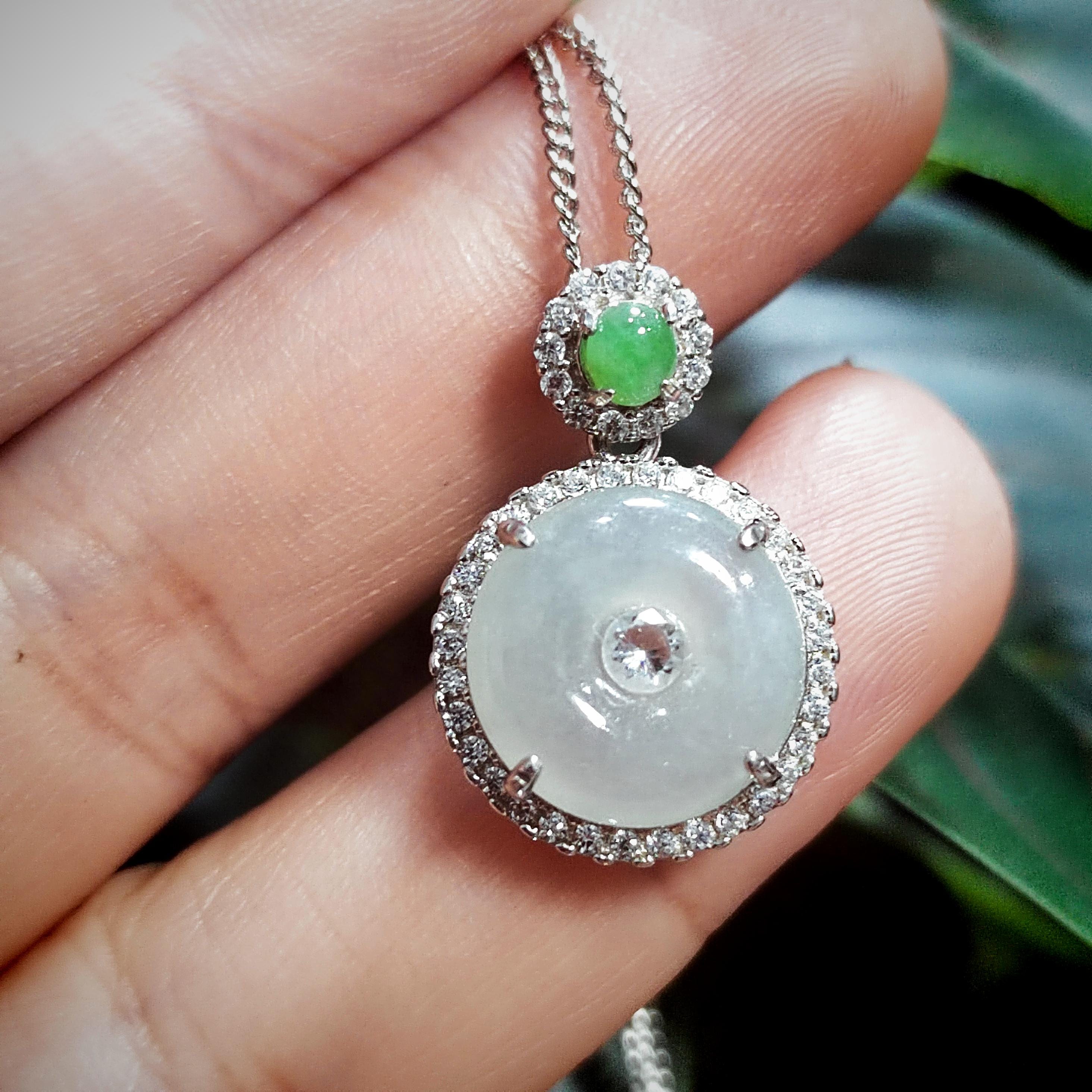 Certified A-Grade Icy White Green Burmese Jadeite Donut Shape Pendant Zirconia on 925 Silver Chain | Minimalist Design | For Her SL8007