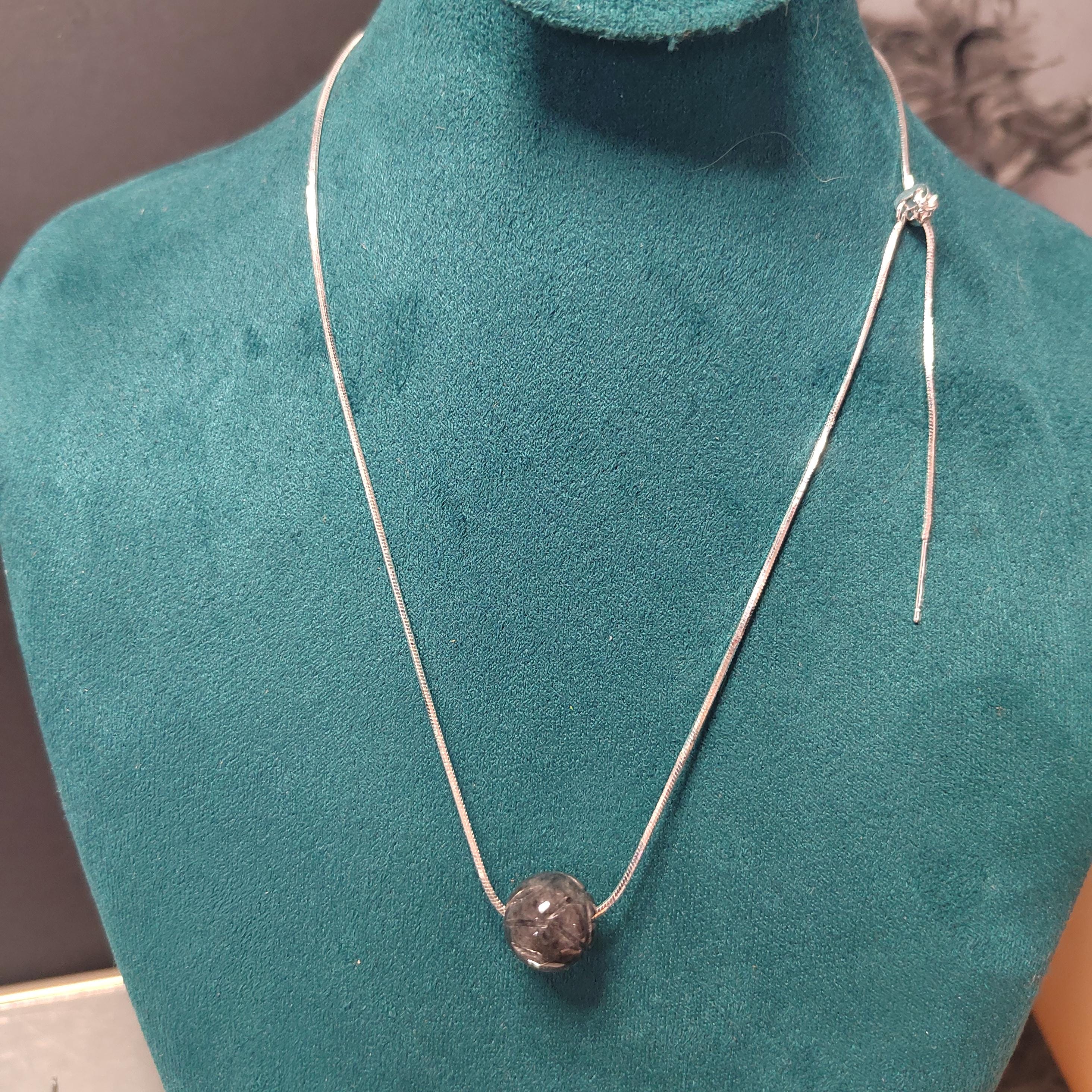 Burmese Black Jadeite Lotus Necklace: S9999 Silver Minimalist Chain SL330 / SL330B