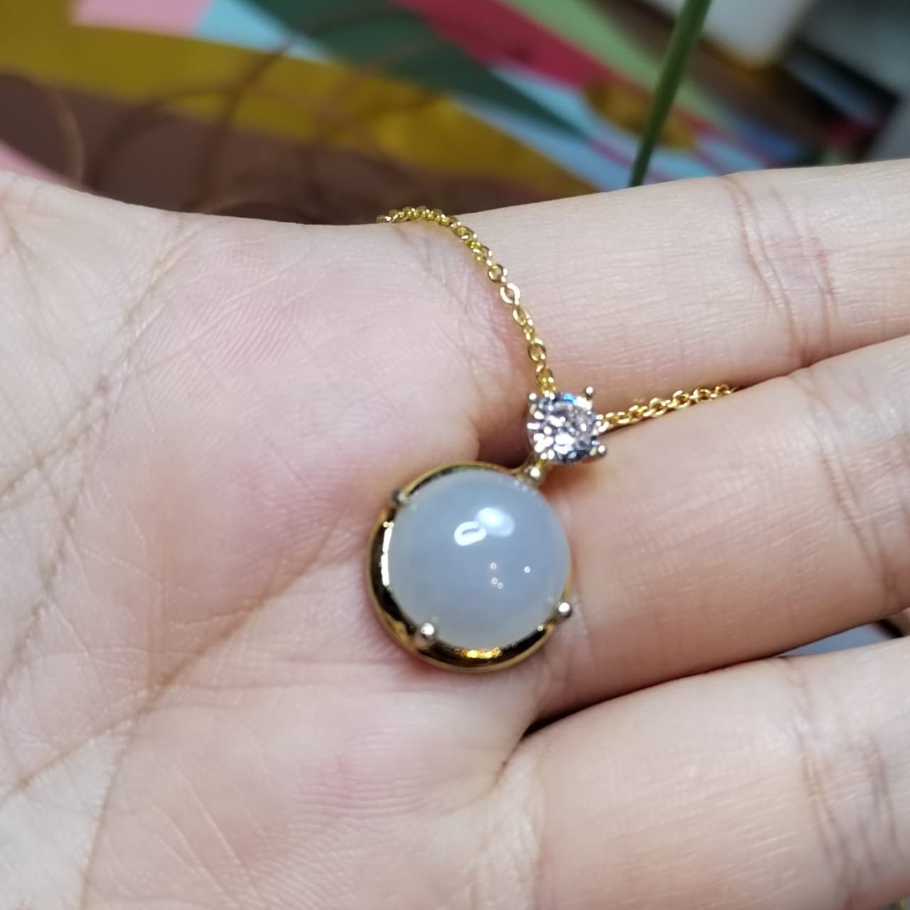 Certified Minimalist Pendant Elegant A-Grade Natural Untreated White Round Jadeite with Zirconia 18K Yellow Gold  Gift for Mom, Wife SL042 - SL Precious
