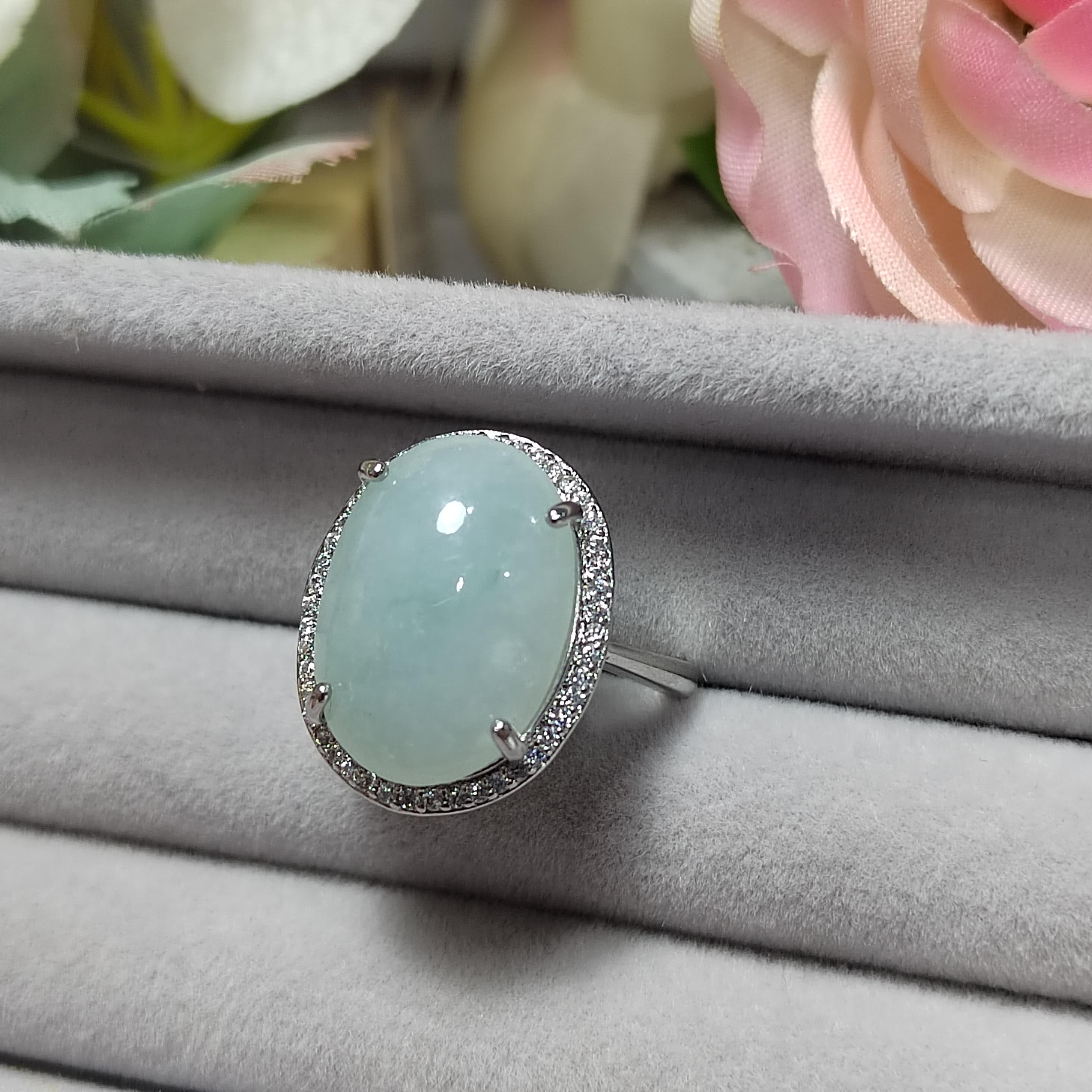 Burmese A-Grade Natural White Icy Blue Jadeite Ring | Floral Zirconia Adjustable SL085