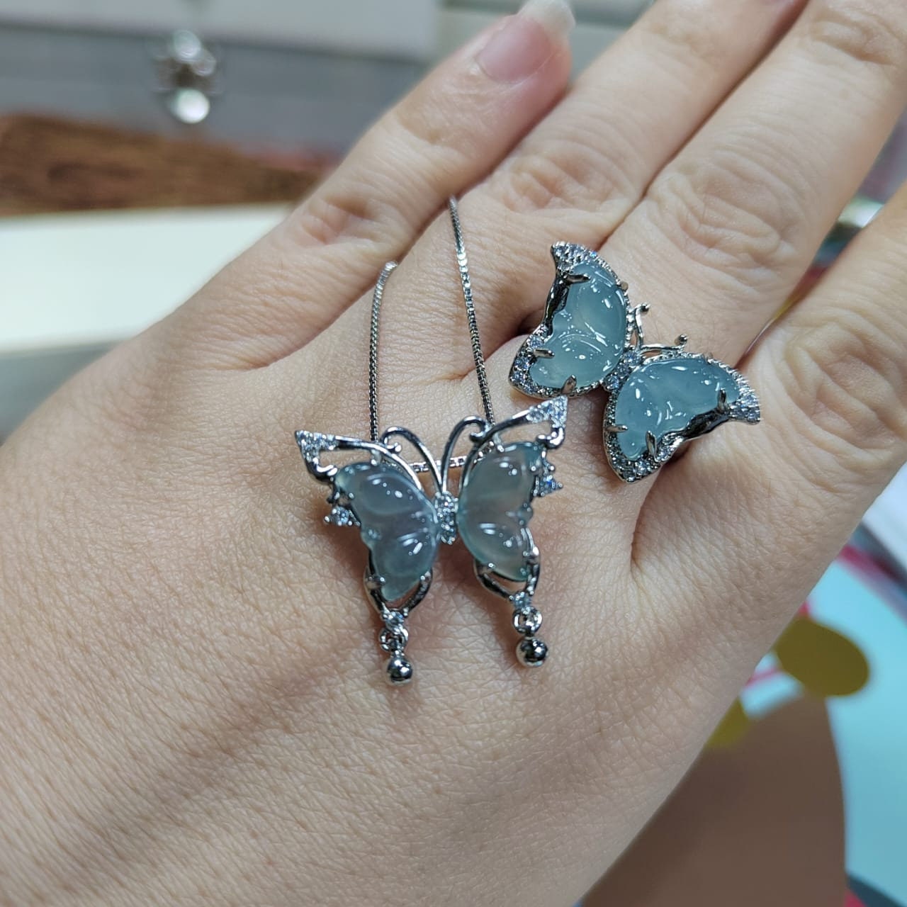 Natural Untreated Guatemala A-Grade Ring & Necklace Set Guatemala Natural Icy Ocean Blue Jadeite "Butterfly" Pendant on 18k White Gold Plate - SL Precious