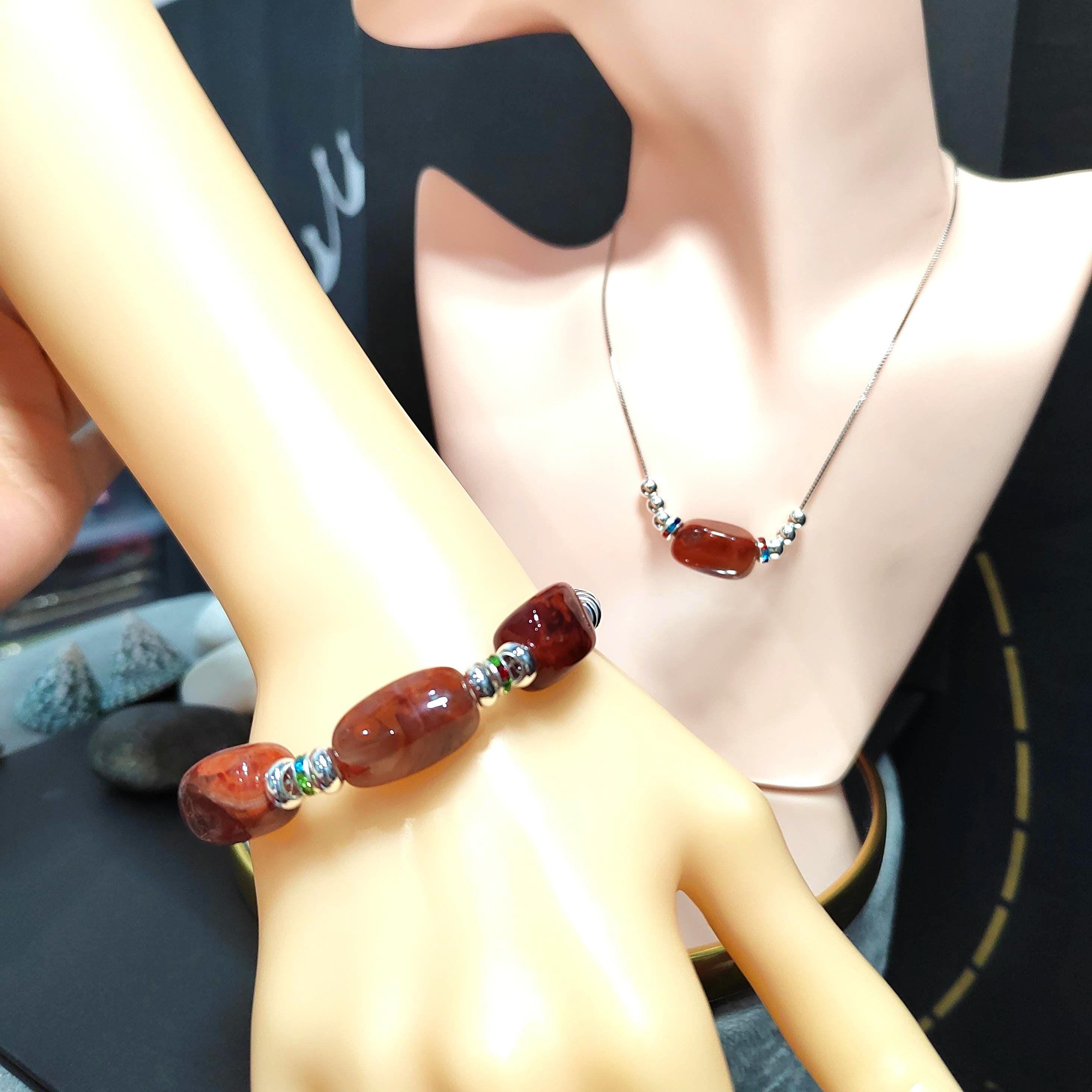Natural Sichuan Wasi Southern Red Nanhong Agate 2pcs Set | Uneven Cut Bracelet/Necklace | Handmade Design SL309