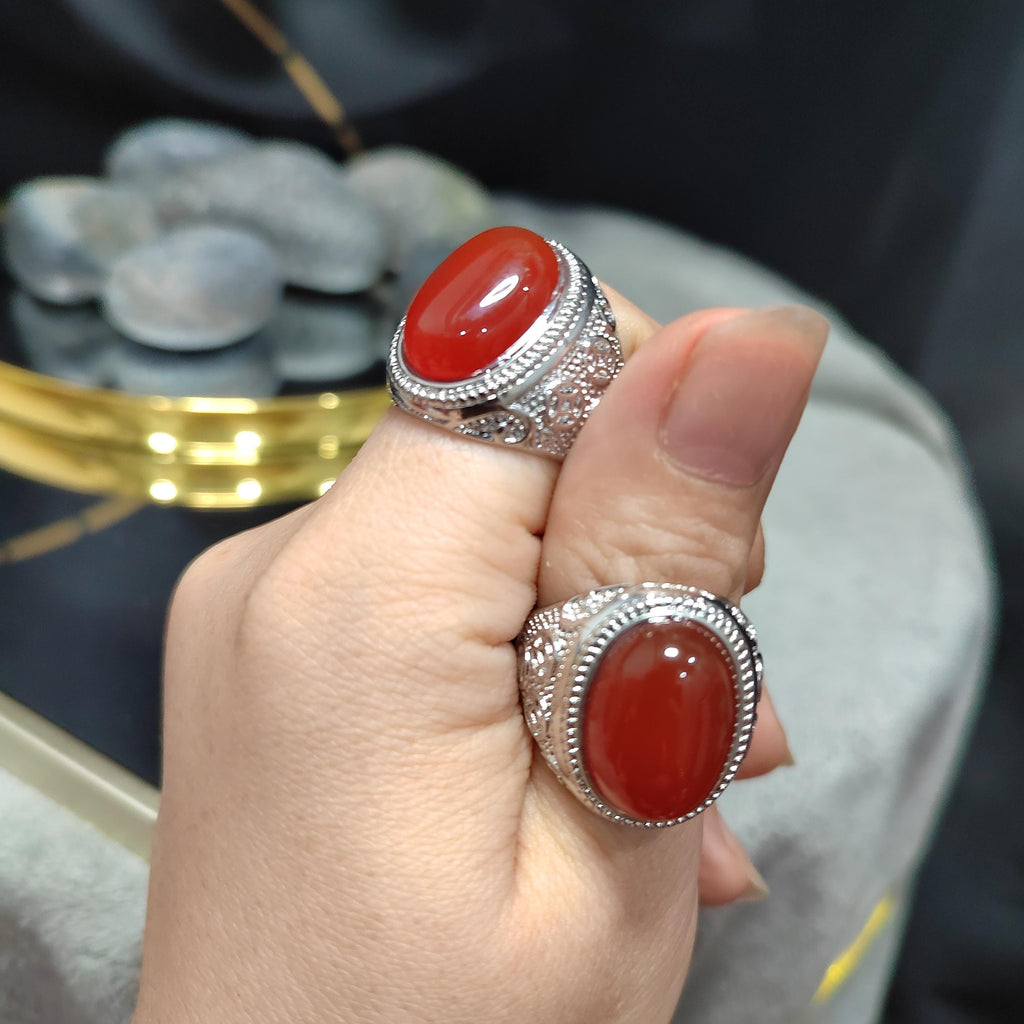 Natural Baoshan Nanhong Icy Red Agate Large Men’s Ring | Adjustable | Rare Collector’s Gemstone | 18K White Gold Plated SL361