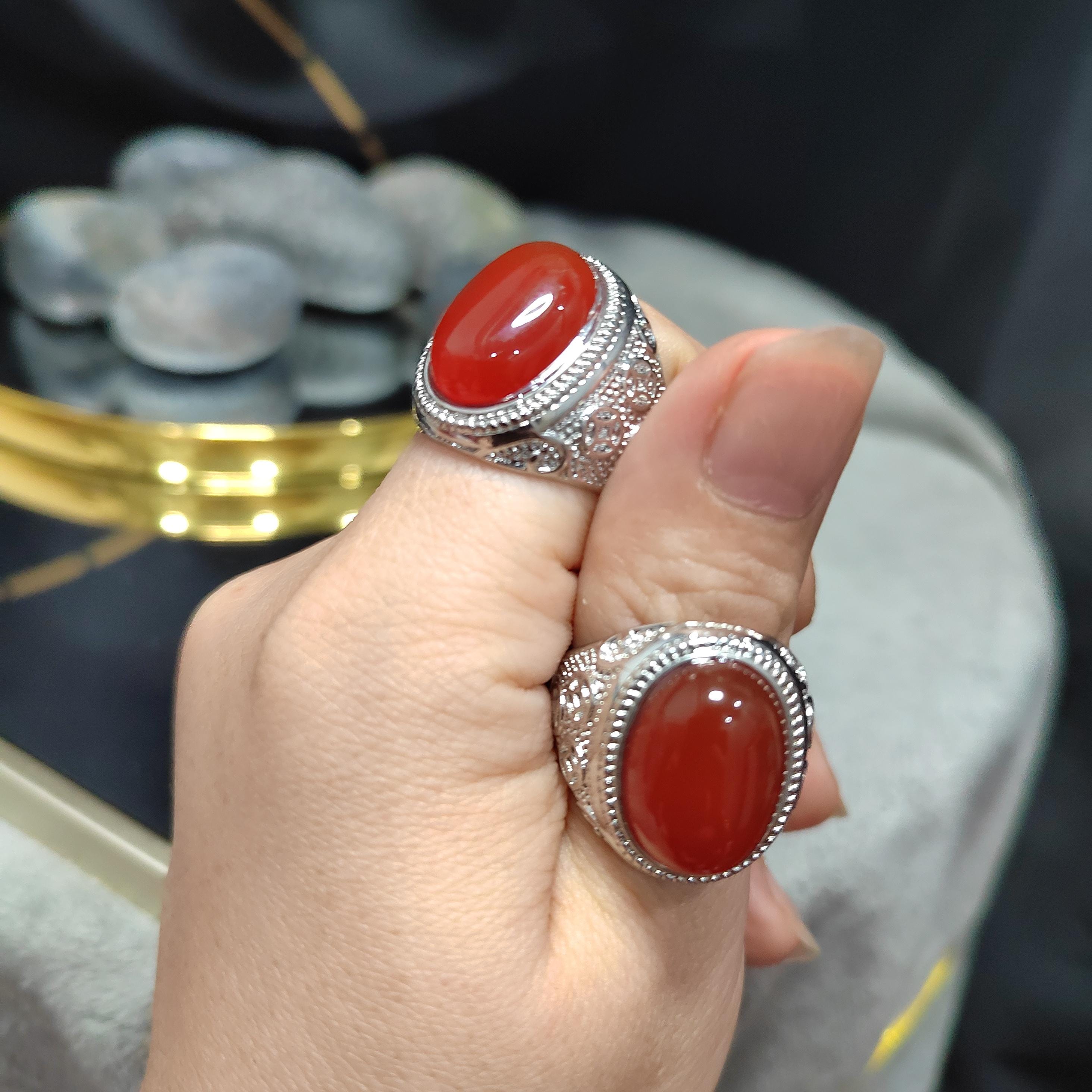 Natural Baoshan Nanhong Icy Red Agate Large Men’s Ring | Adjustable | Rare Collector’s Gemstone | 18K White Gold Plated SL361