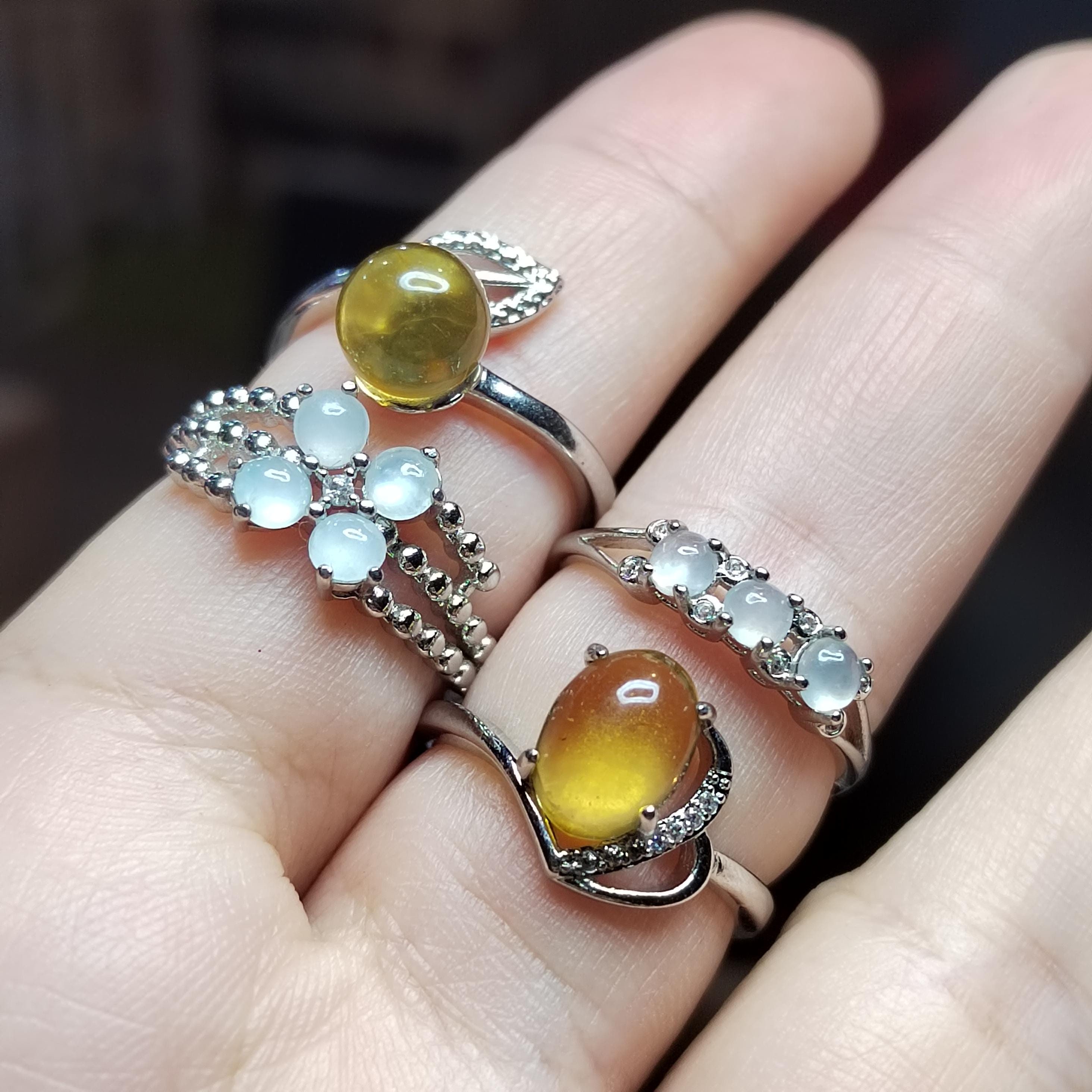 Burmese Blue Amber & Jadeite Ring Set: 18K Gold-Plated S925 Silver, Adjustable SL417